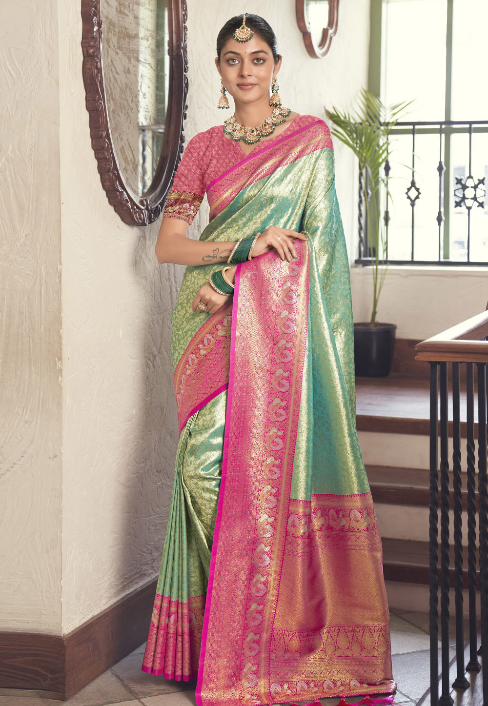 Sea Green Silk Saree With Blouse 286979