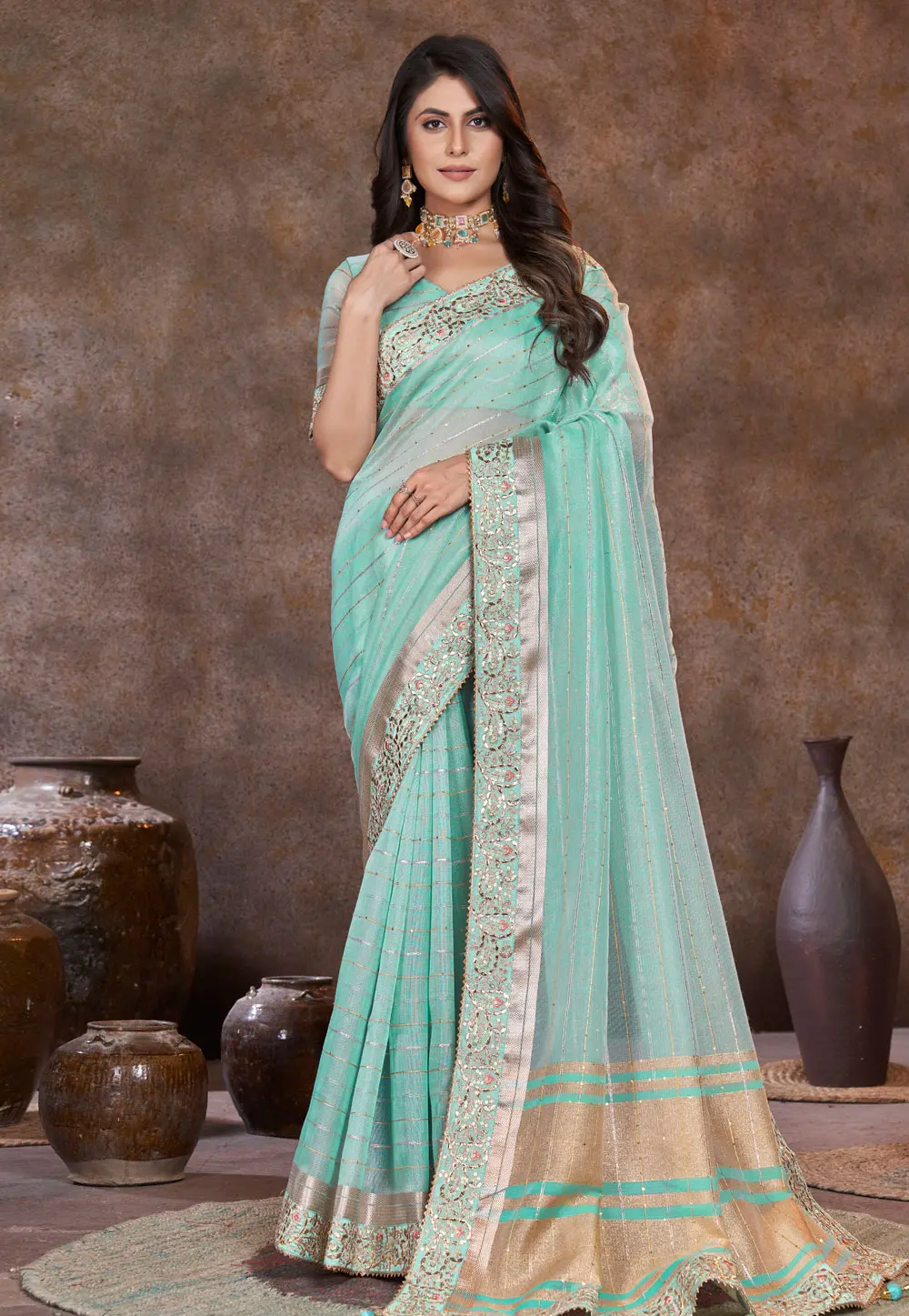 Sea Green Silk Saree With Blouse 301732