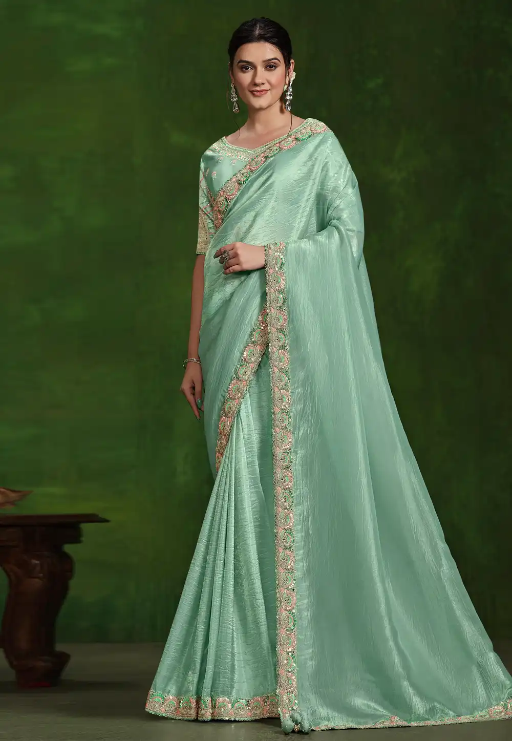 Sea Green Silk Saree With Blouse 294731