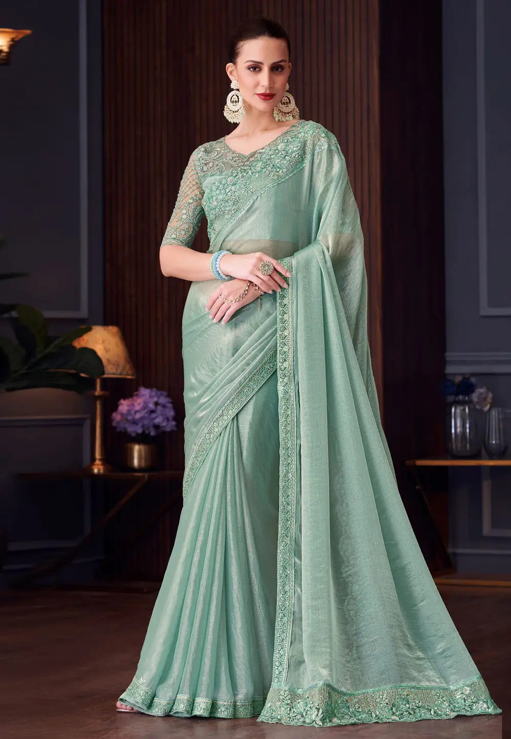 Sea Green Silk Saree With Blouse 296346