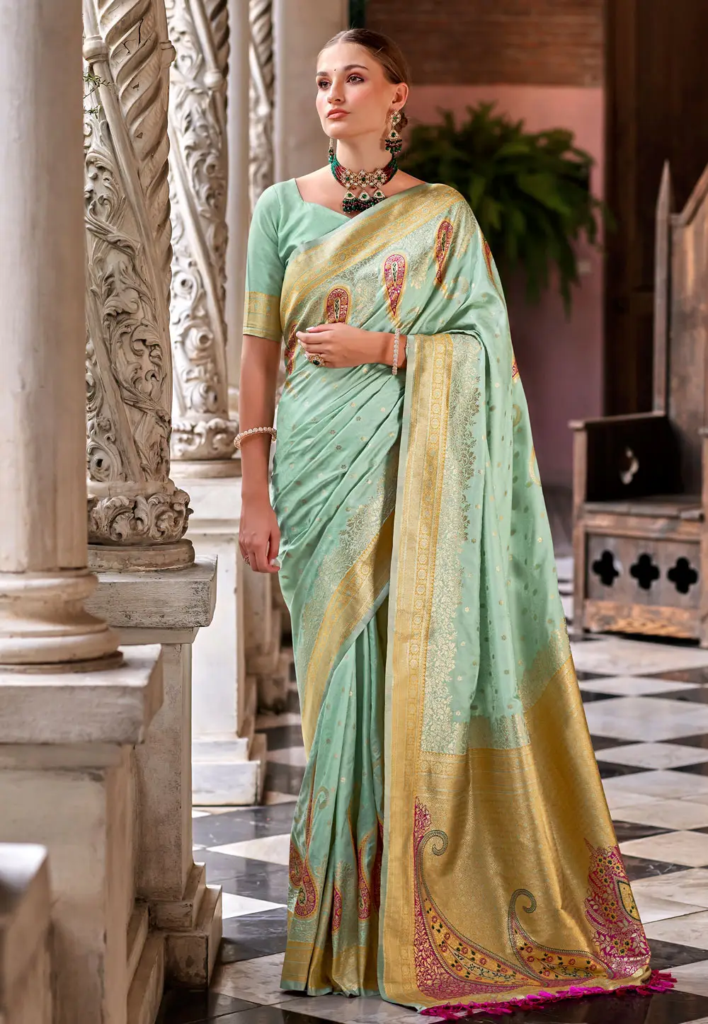 Sea Green Silk Saree With Blouse 296979