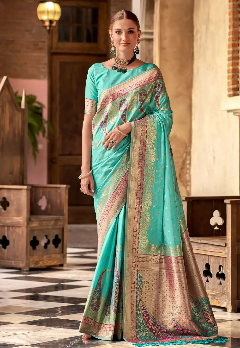 Sea Green Silk Saree With Blouse 296982