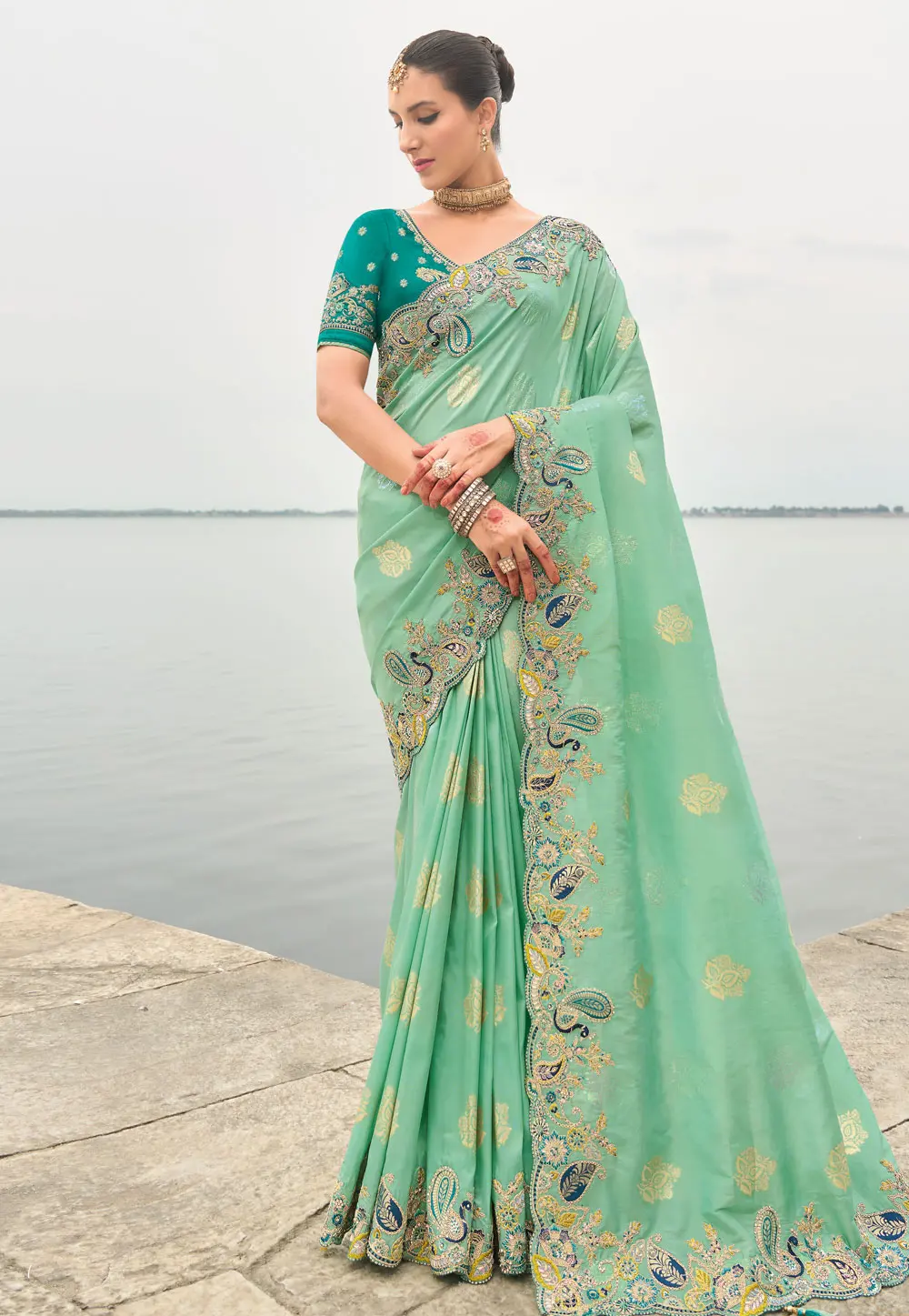 Sea Green Silk Saree With Blouse 303292