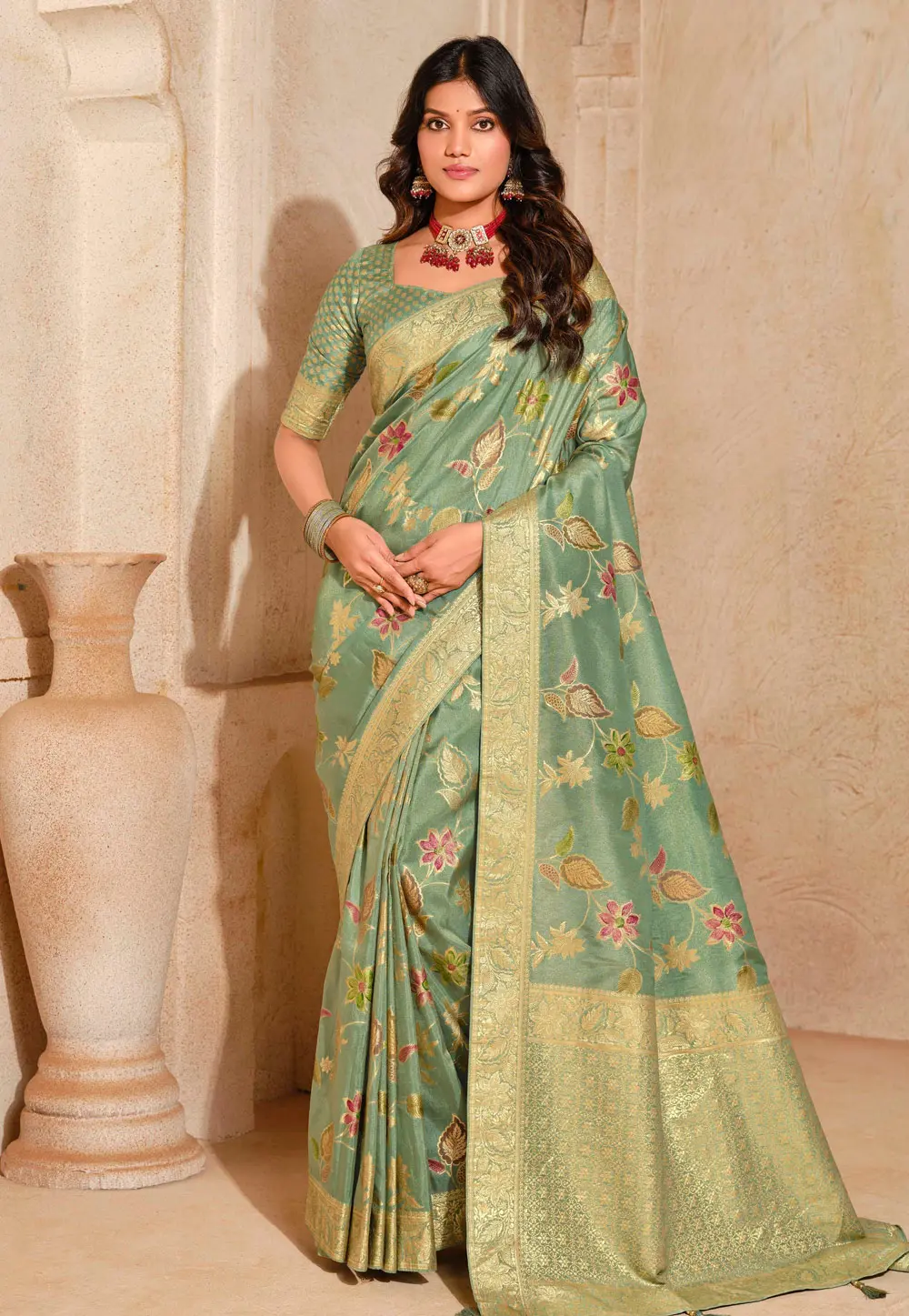 Sea Green Silk Saree With Blouse 304146