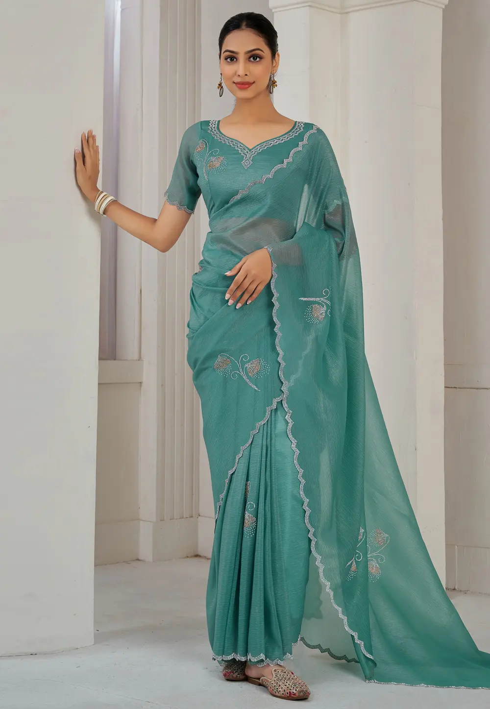 Sea Green Silk Saree With Blouse 299467