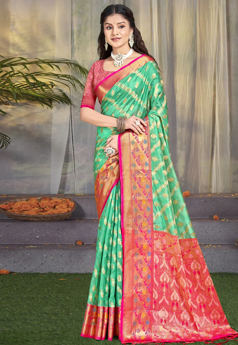 Sea Green Silk Saree With Blouse 296390