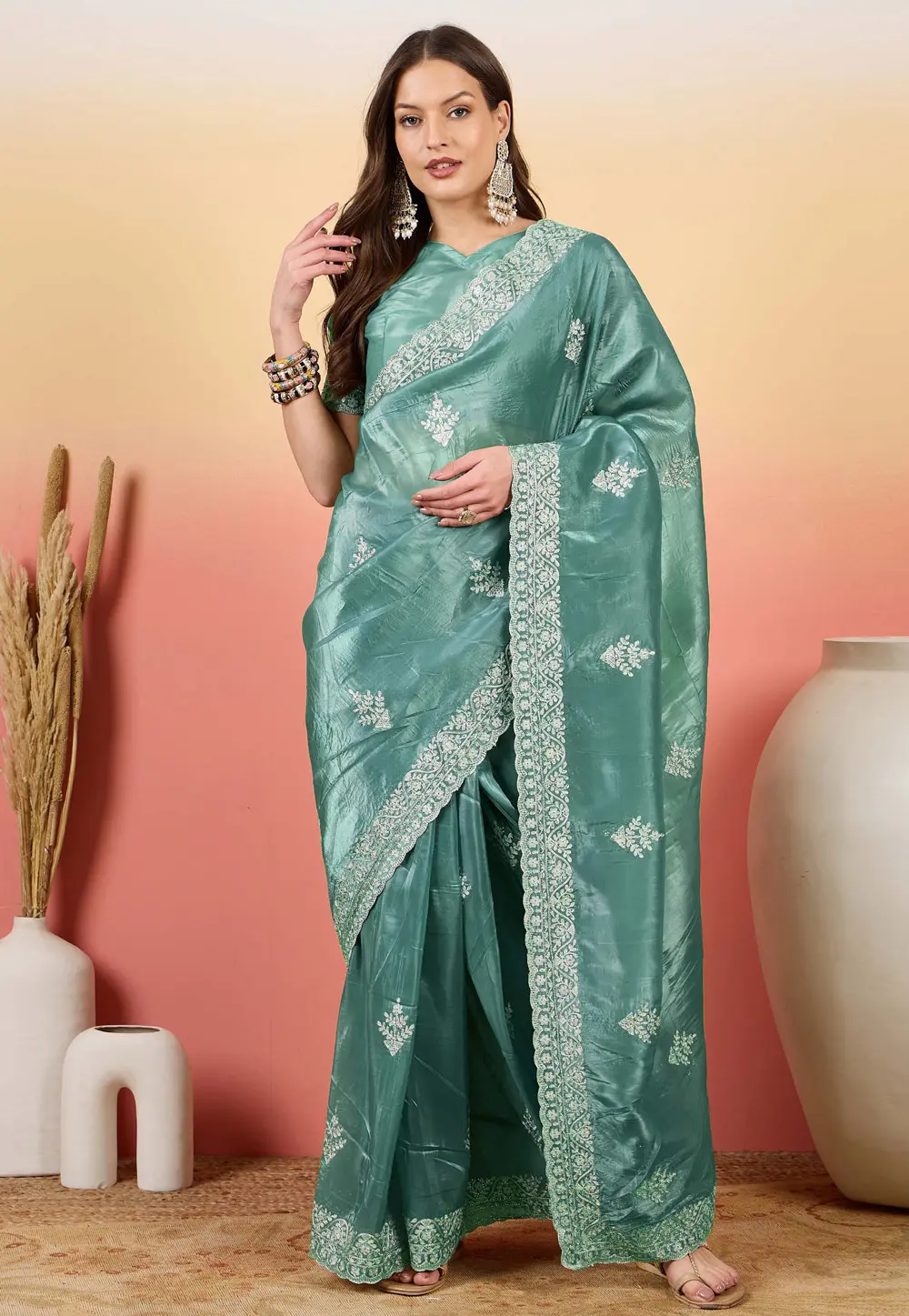 Sea Green Silk Saree With Blouse 304713