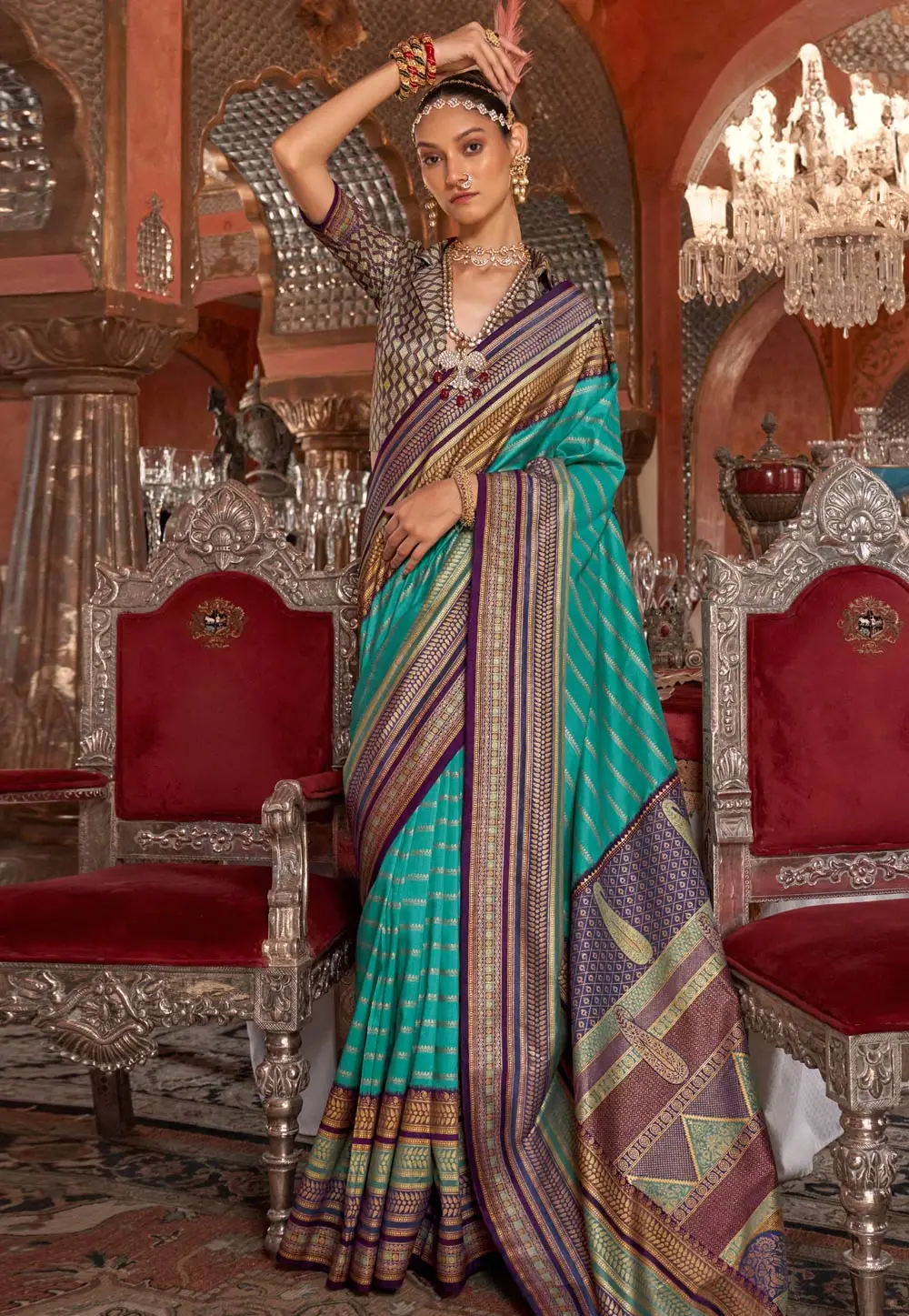 Sea Green Silk Saree With Blouse 296424