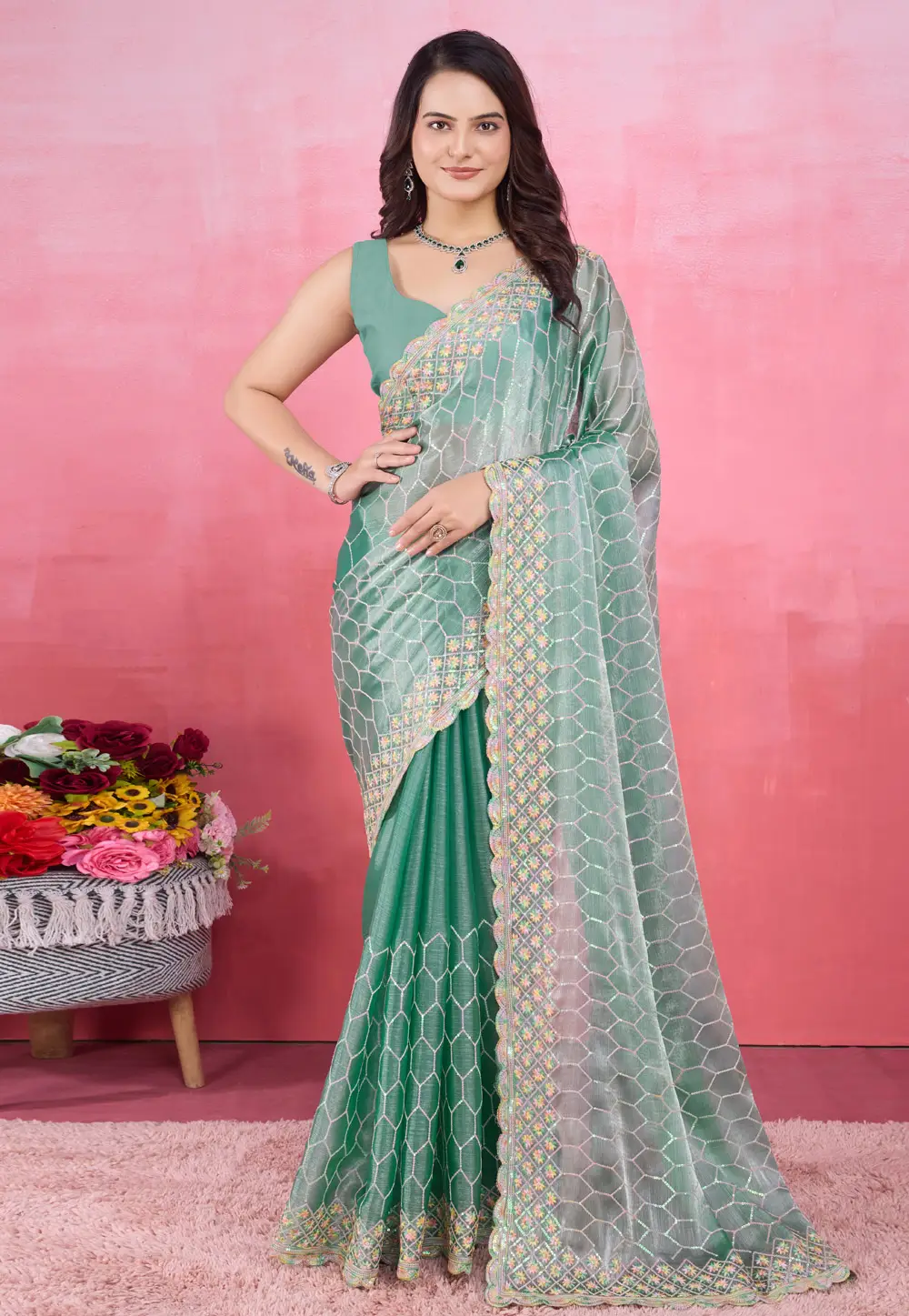 Sea Green Silk Saree With Blouse 297040