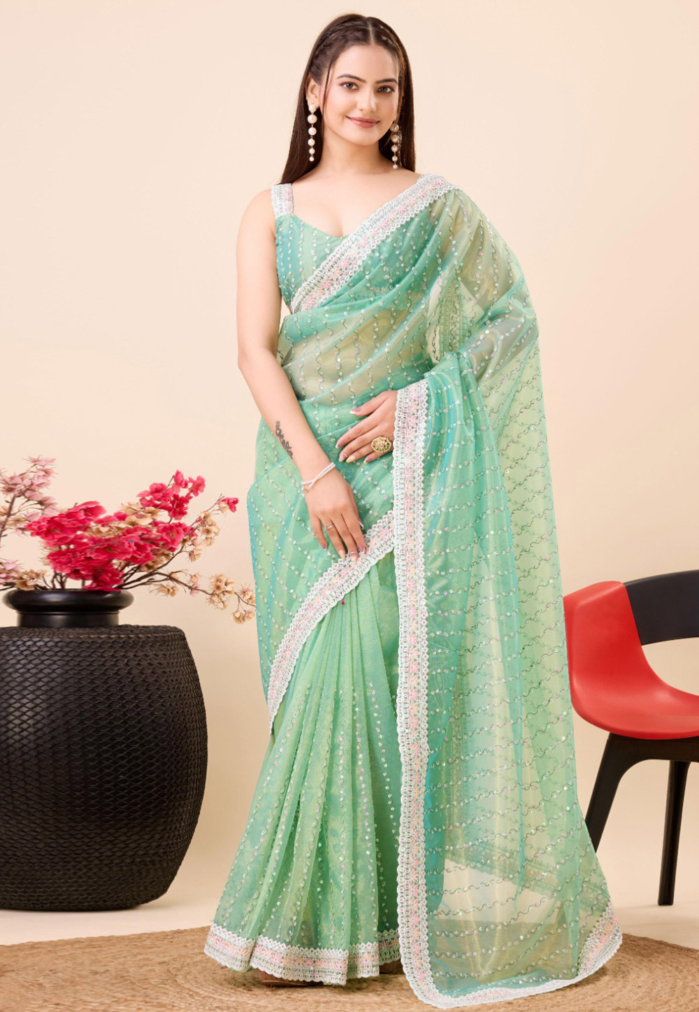 Sea Green Soft Net Saree With Blouse 282837