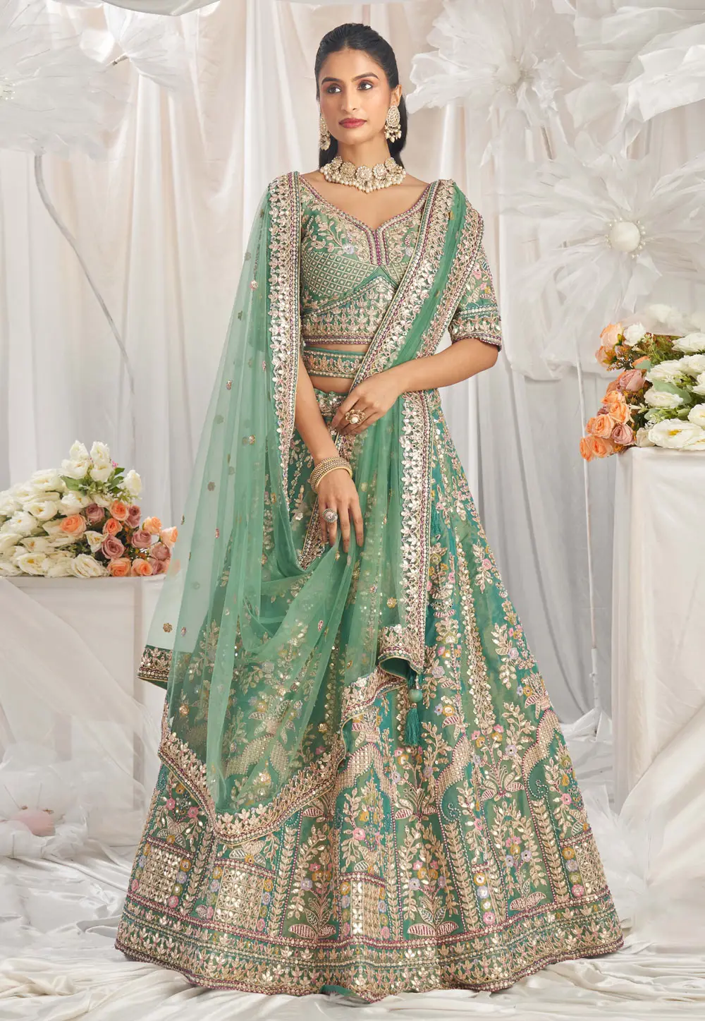 Sea Green Tissue Circular Lehenga Choli 295478