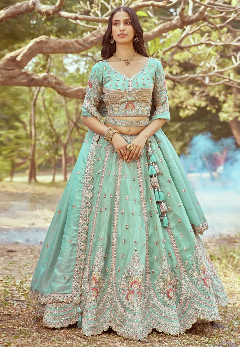 Sea Green Tissue Circular Lehenga Choli 299147