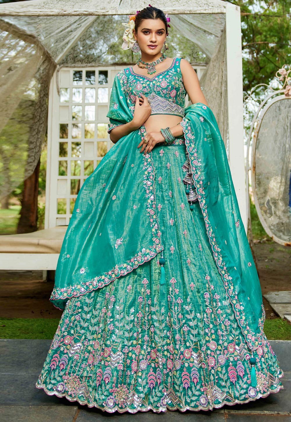 Sea Green Tissue Circular Lehenga Choli 311163