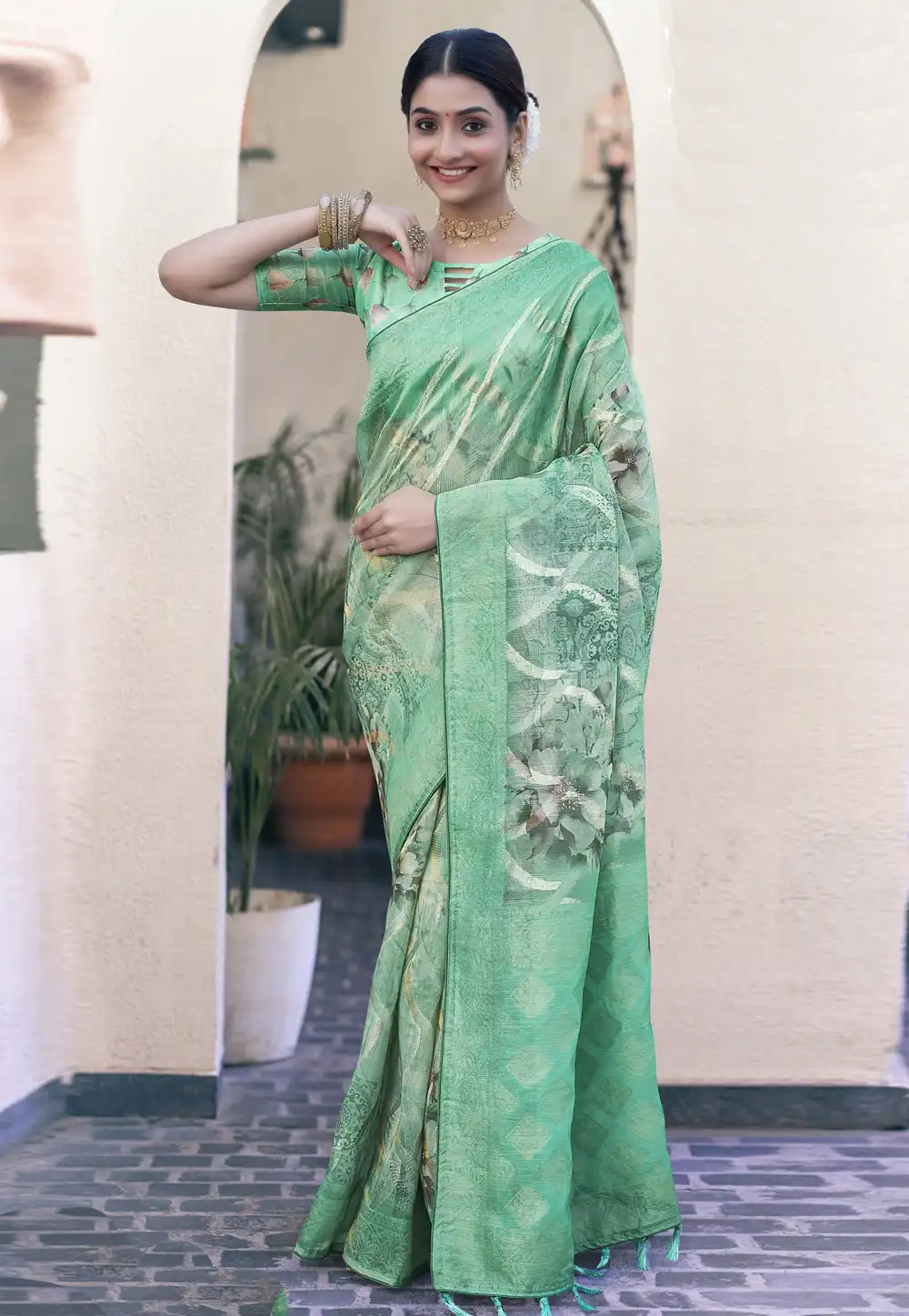 Sea Green Tissue Saree With Blouse 289104