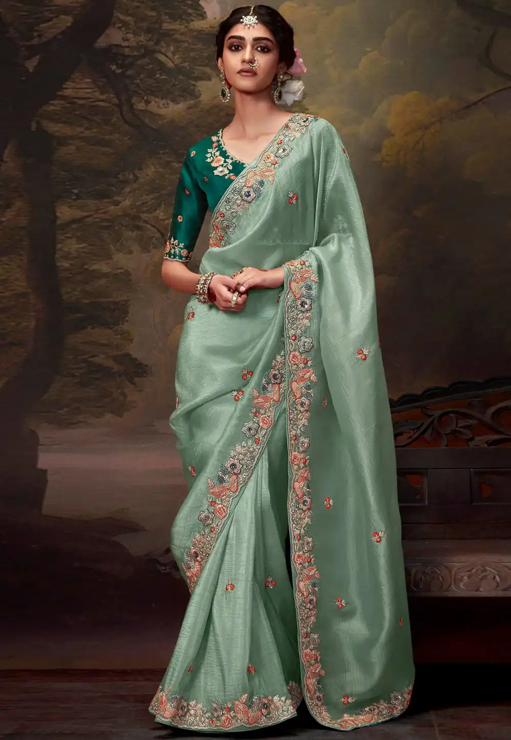 Sea Green Tissue Saree With Blouse 293635