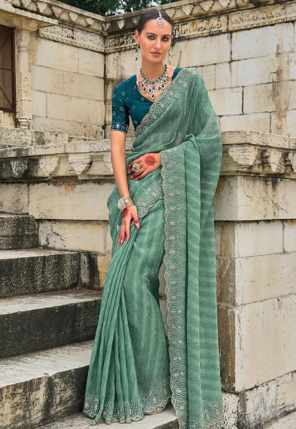 Sea Green Tissue Saree With Blouse 299492