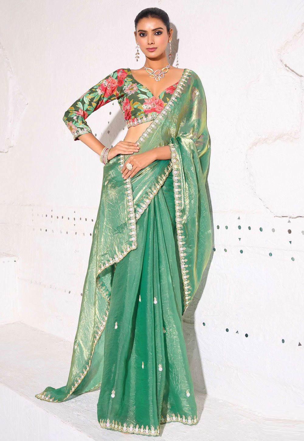 Sea Green Tissue Saree With Blouse 310278