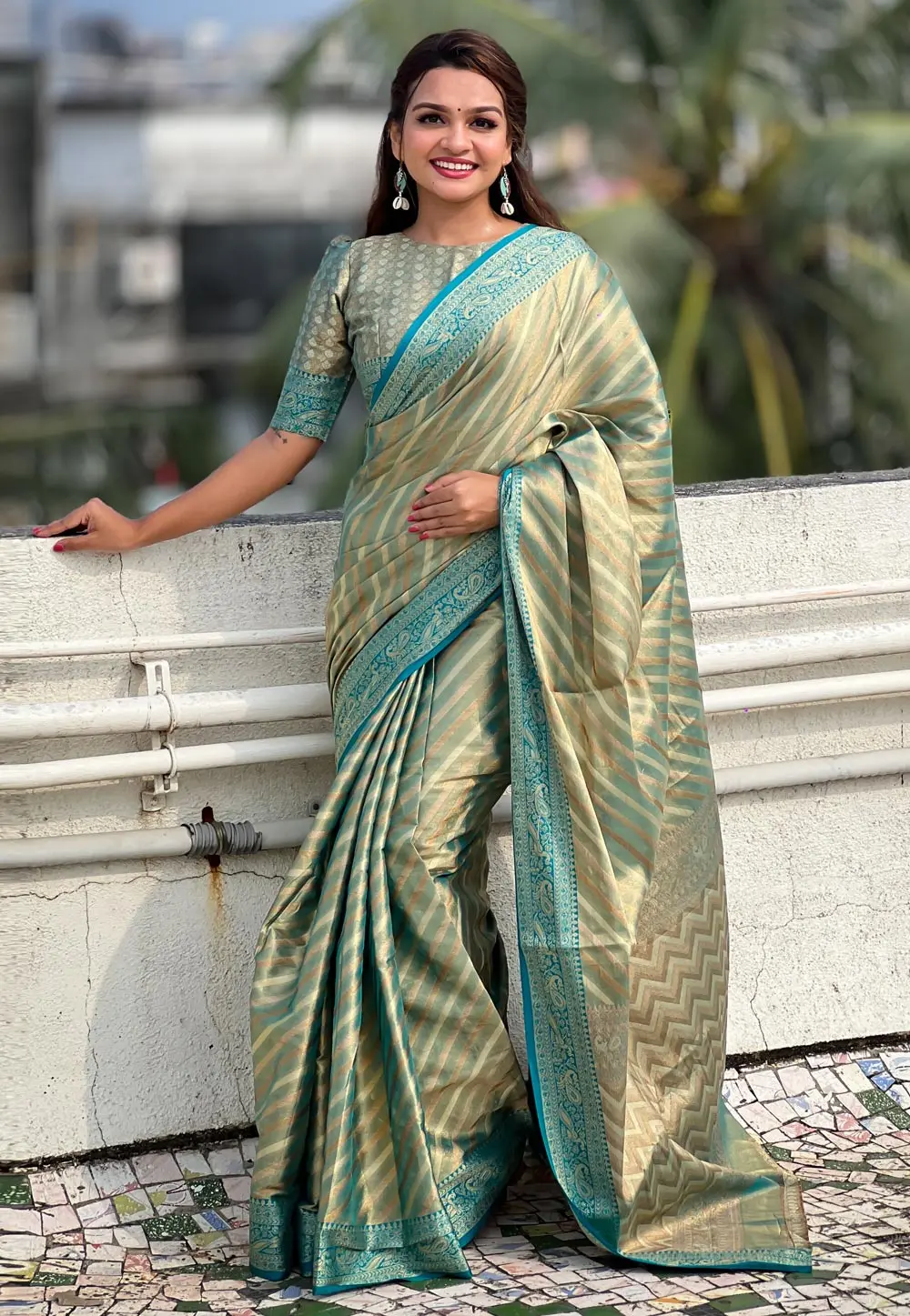 Sea Green Tissue Saree With Blouse 297400