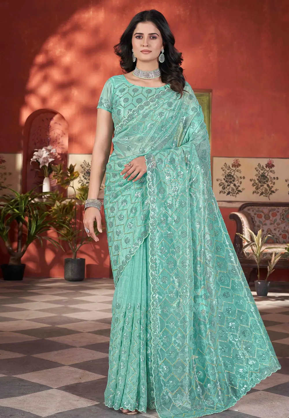 Sea Green Tissue Saree With Blouse 302526