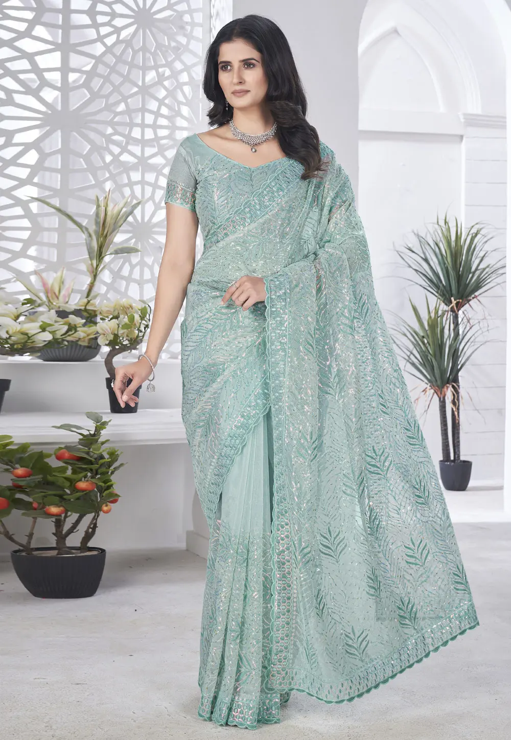 Sea Green Tissue Saree With Blouse 302535