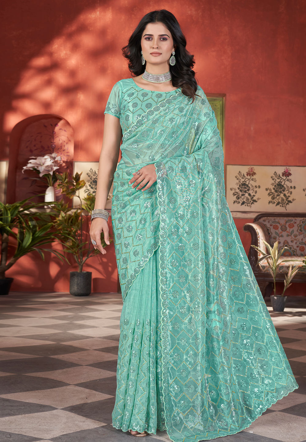 Sea Green Tissue Sequence Saree 309838