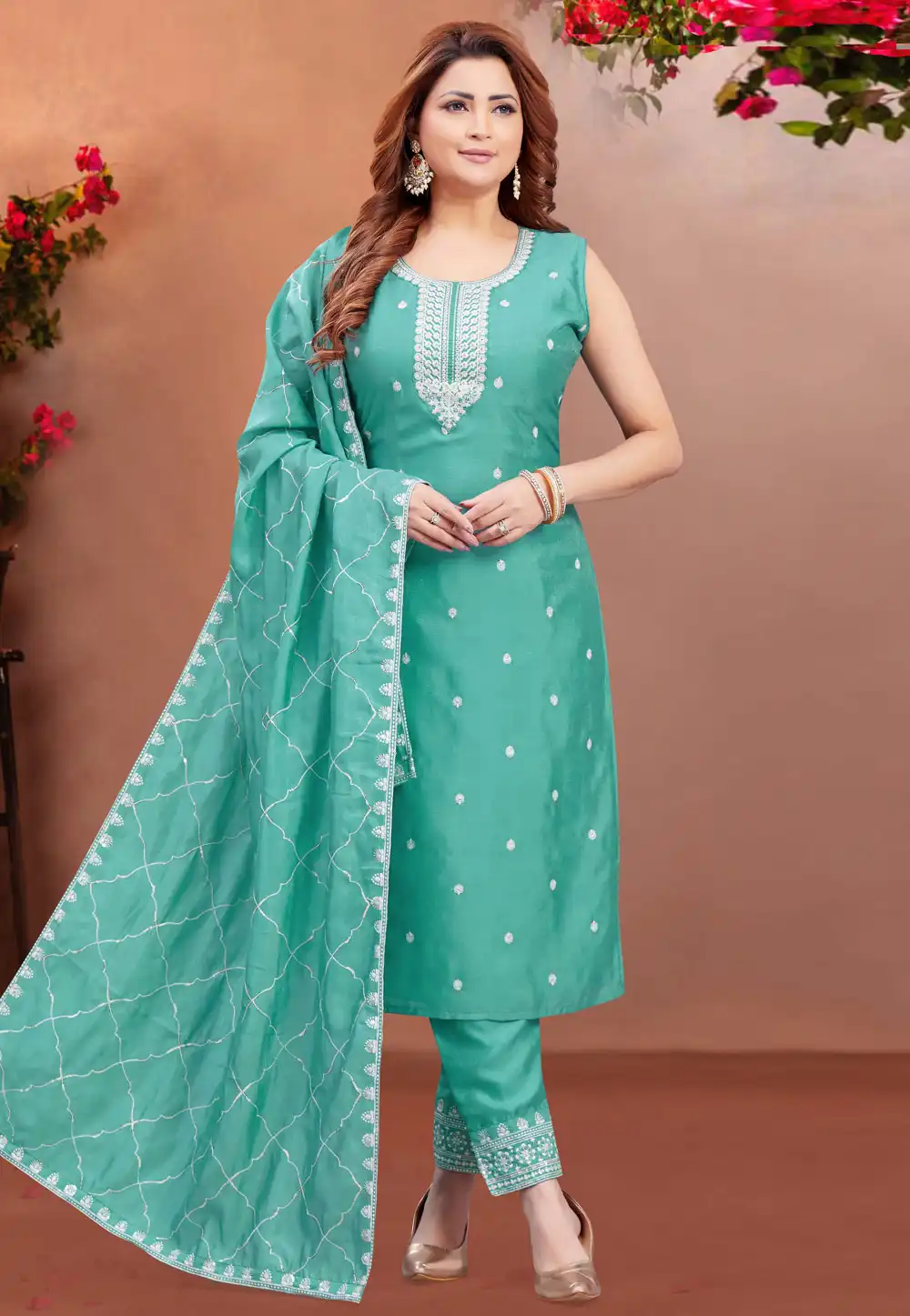 Sea Green Tissue Silk Readymade Pant Style Suit 294082