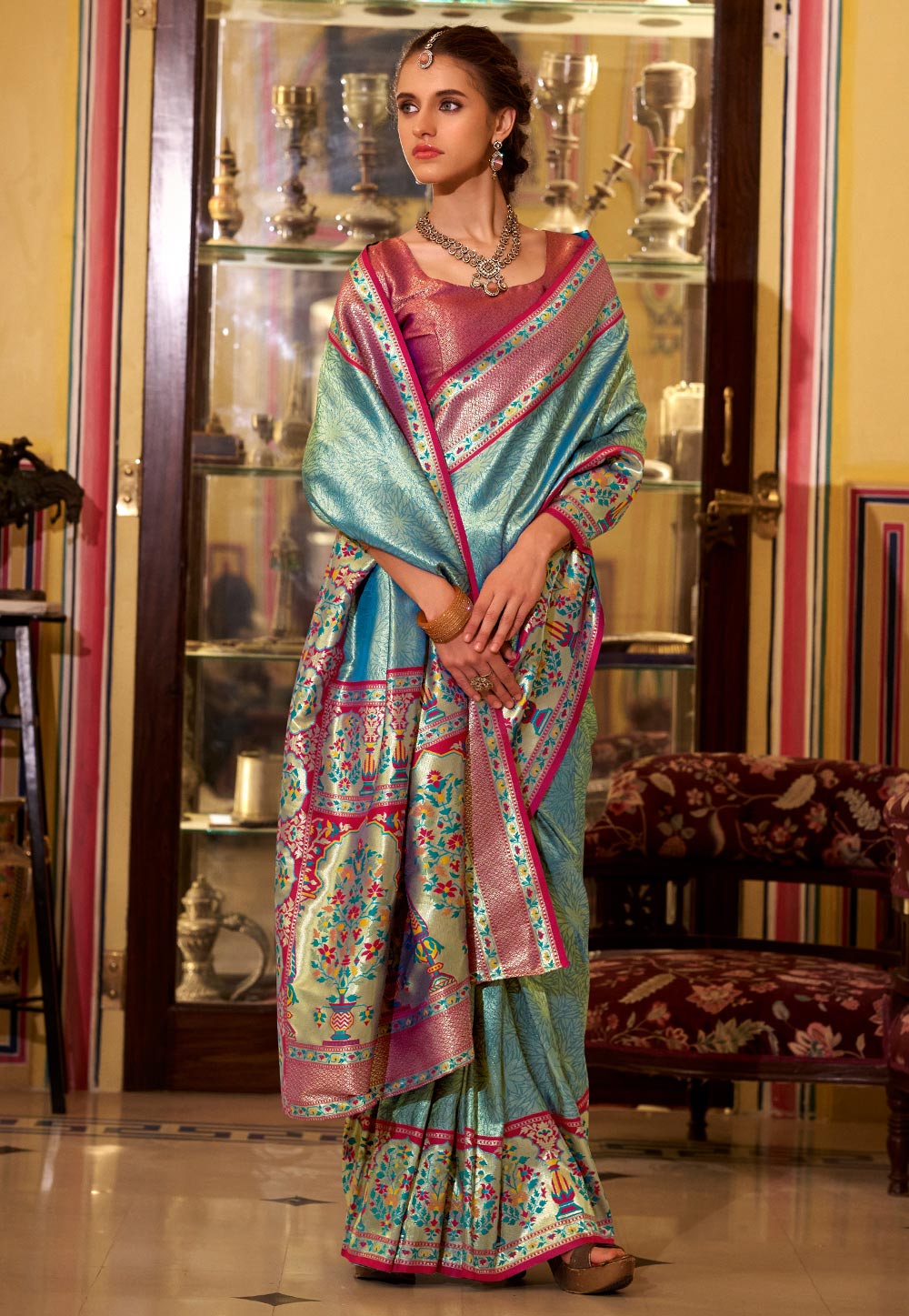 Sea Green Tissue Silk Saree With Blouse 309116