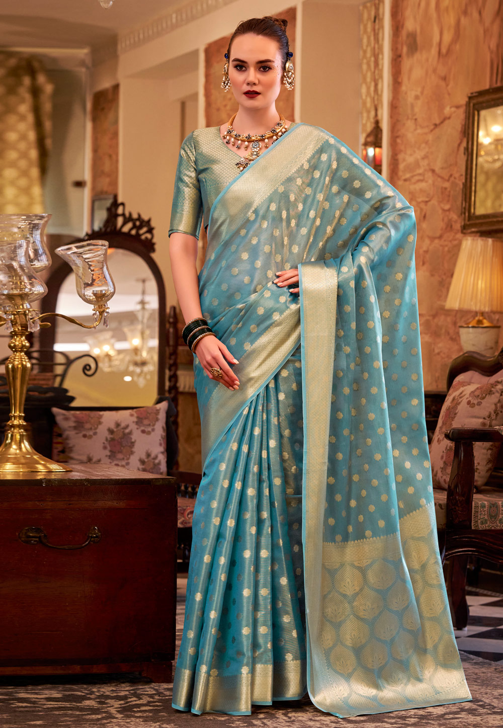 Sea Green Tissue Silk Saree With Blouse 311009