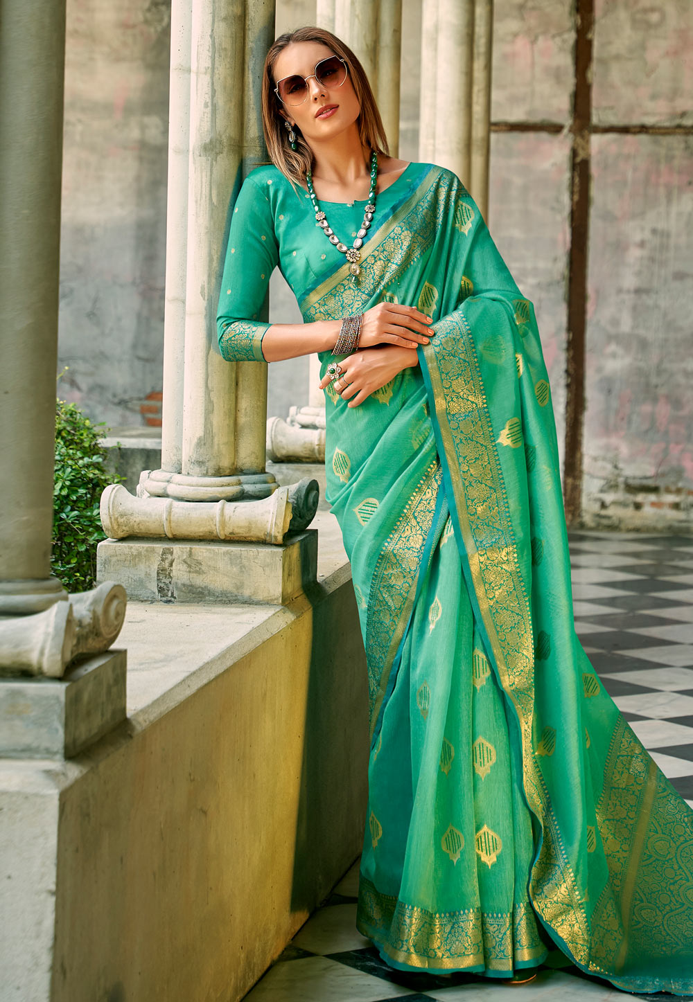 Sea Green Tissue Silk Saree With Blouse 285966