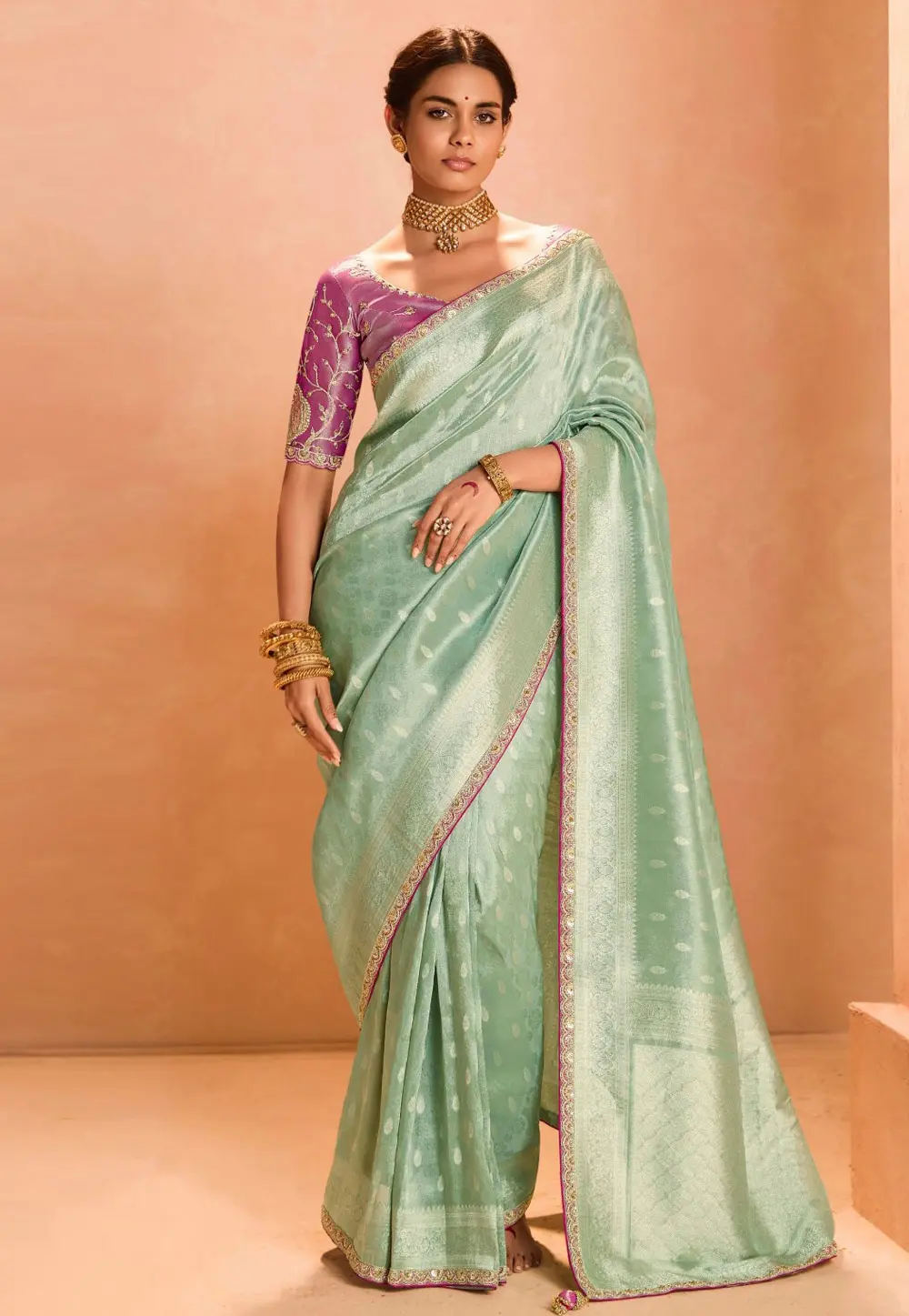 Sea Green Tissue Silk Saree With Blouse 302056