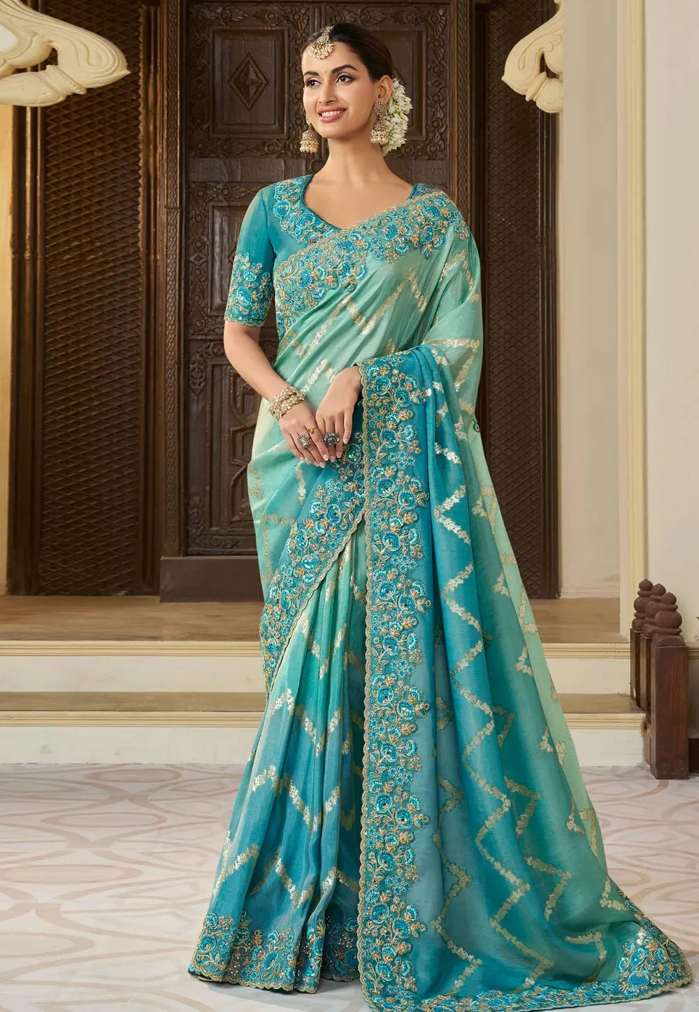 Sea Green Tissue Silk Saree With Blouse 301100