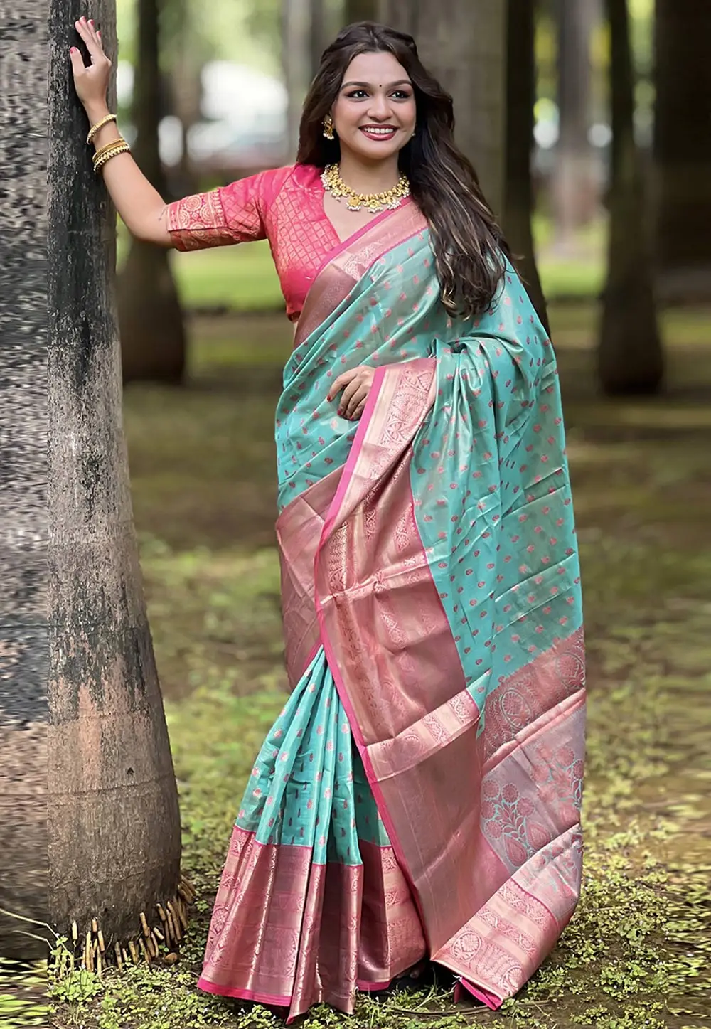 Sea Green Tissue Silk Saree With Blouse 295658