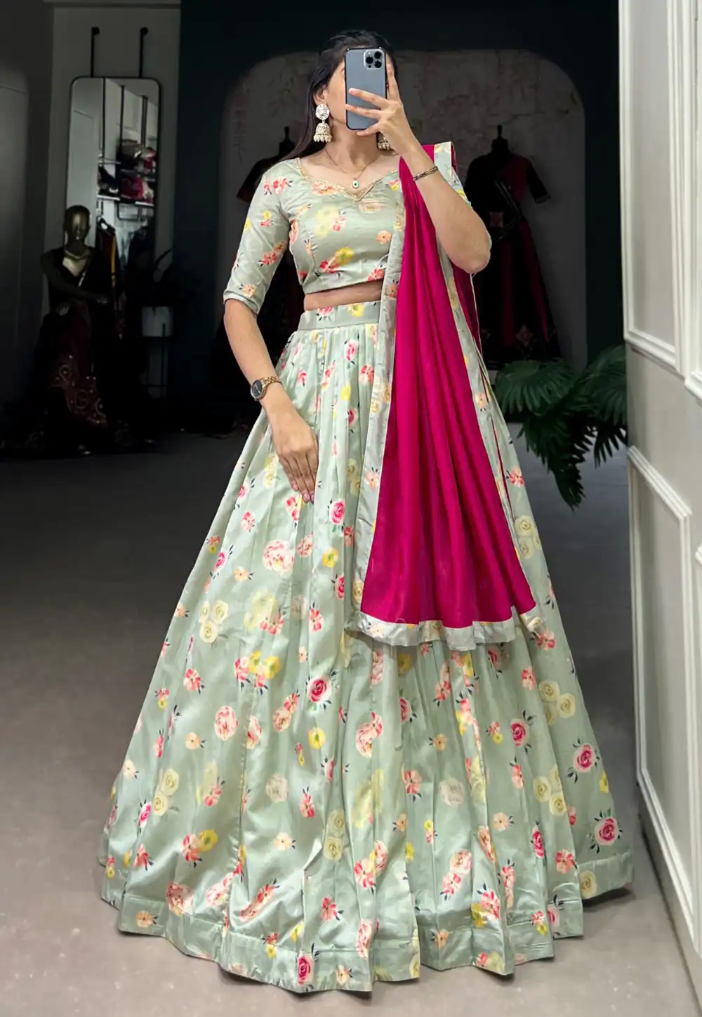 Sea Green Tussar Silk Floral Lehenga choli 293158