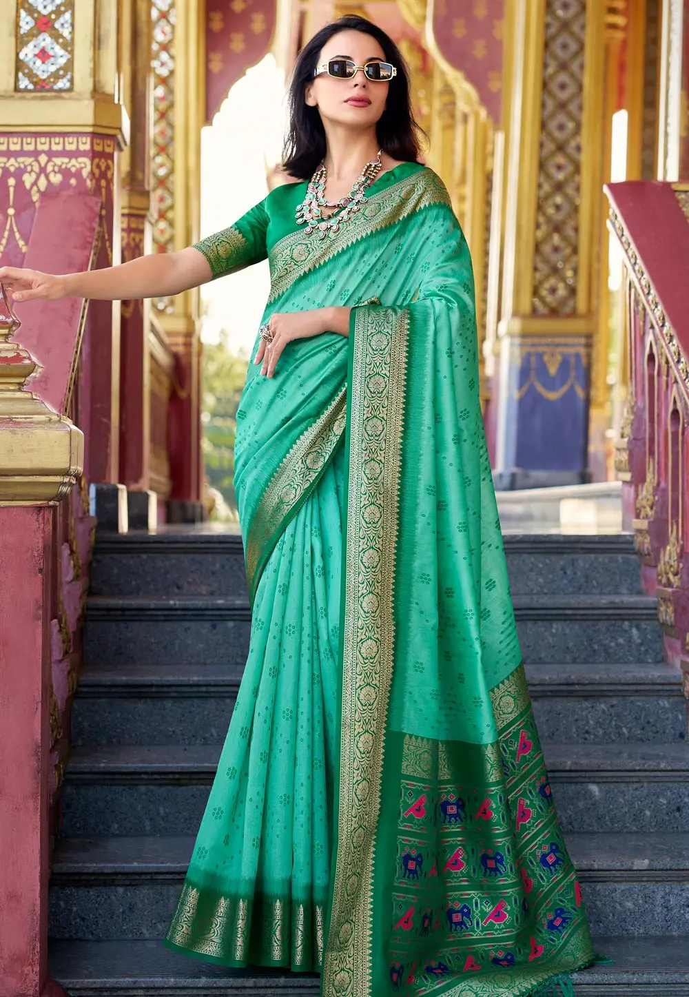 Sea Green Tussar Silk Saree With Blouse 301256