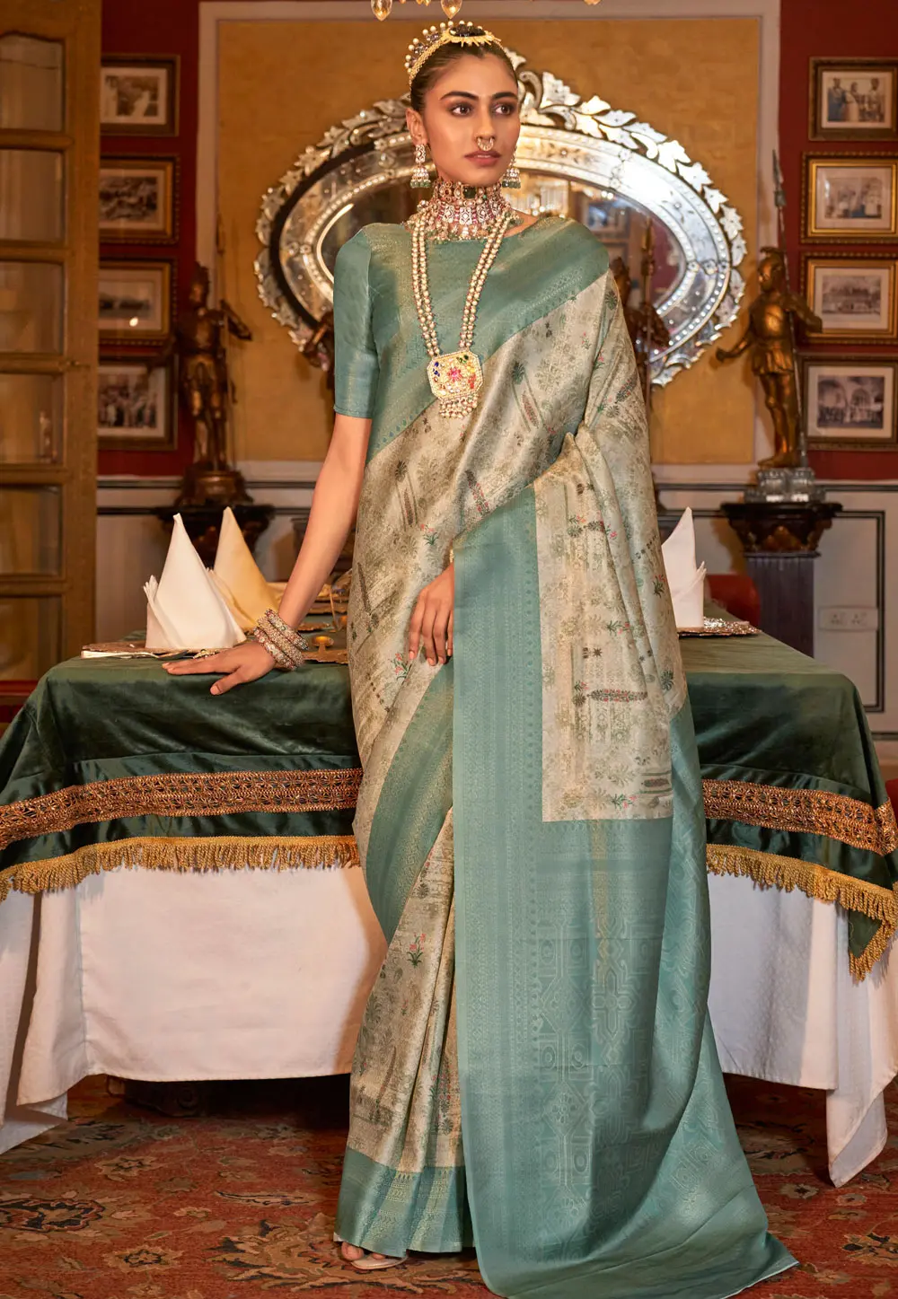 Sea Green Tussar Silk Saree With Blouse 297734