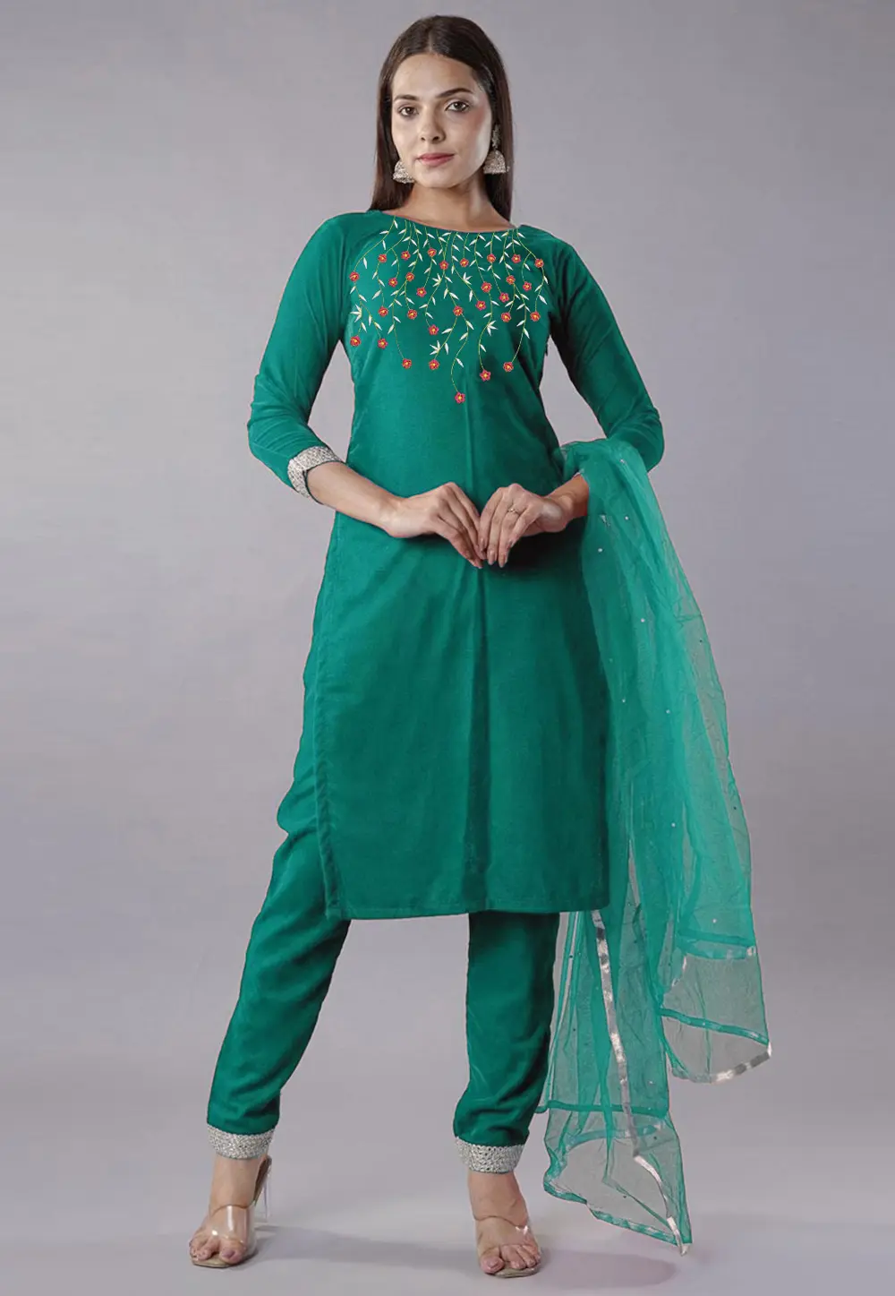 Sea Green Velvet Readymade Pant Style Suit 301684