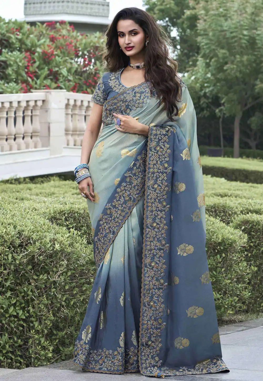 Sea Green Viscose Half N Half Saree 294822