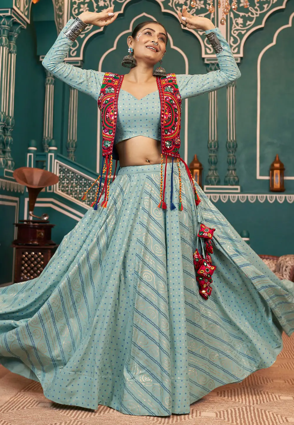 Sea Green Viscose Rayon Navratri Chaniya Choli 295339