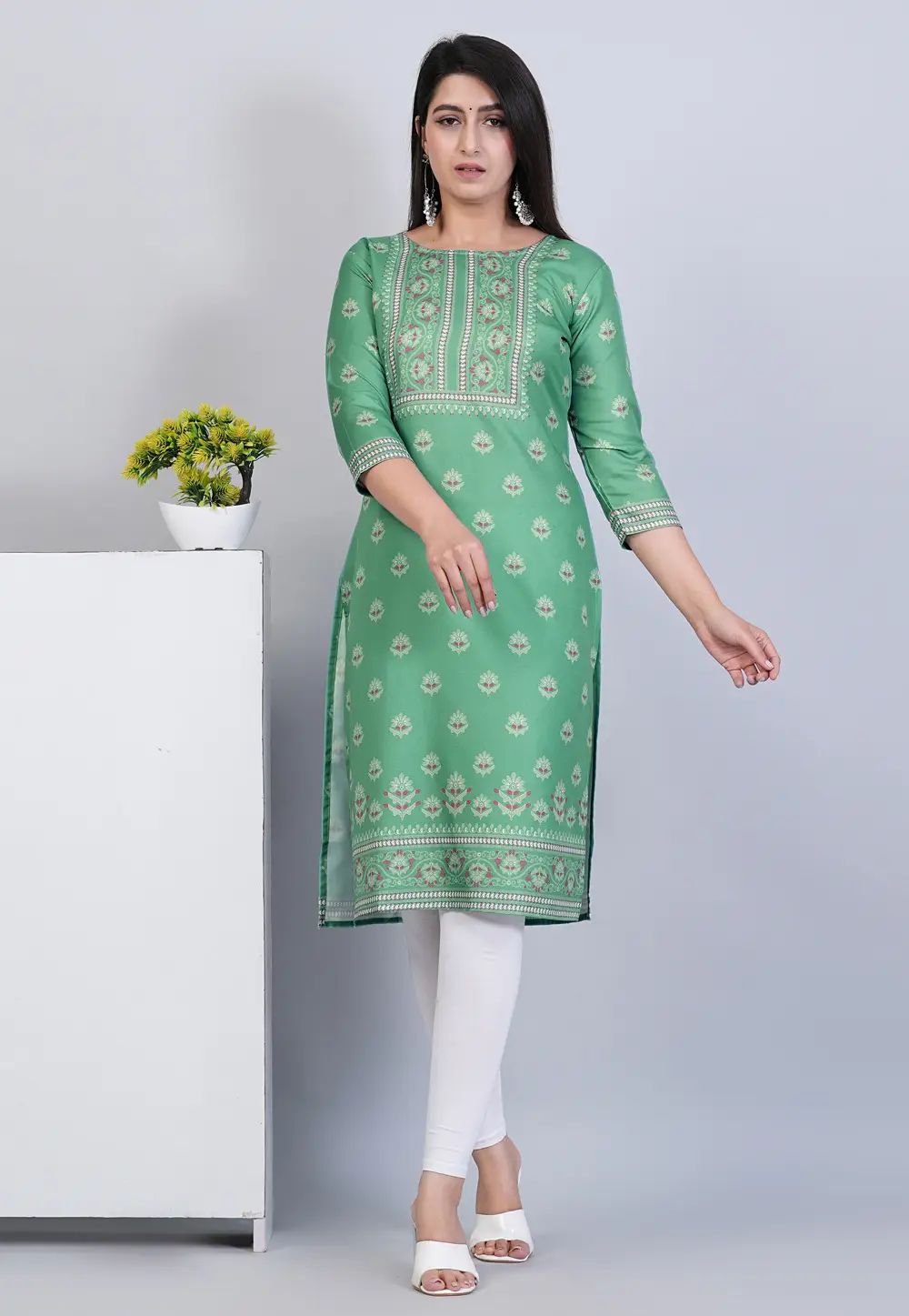 Sea Green Viscose Rayon Printed Kurti 296711