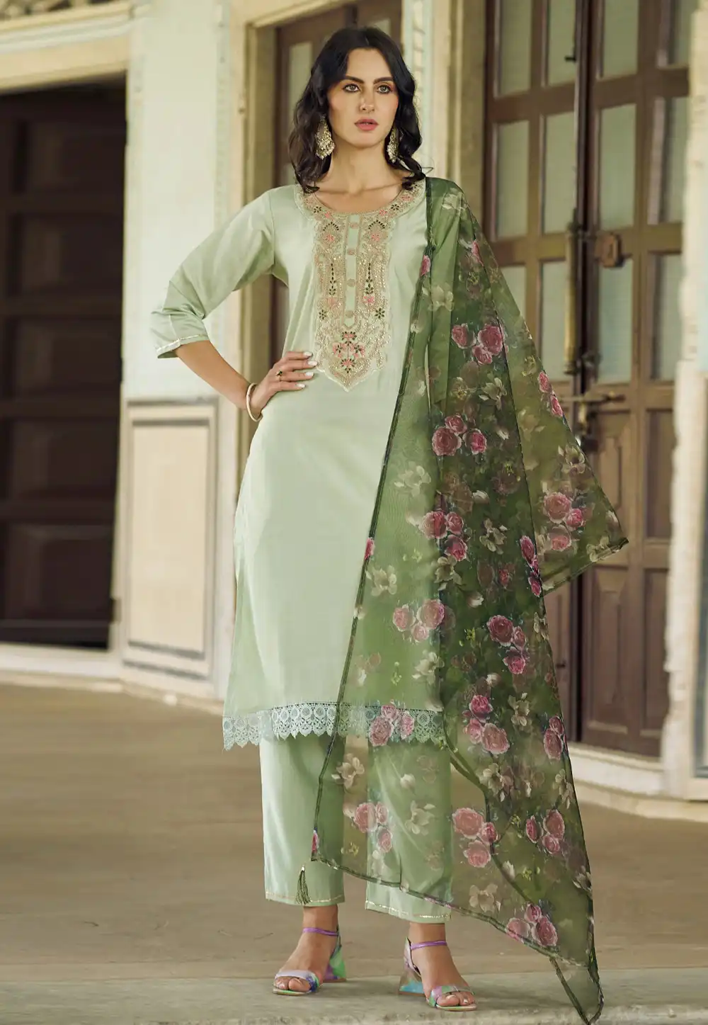 Sea Green Viscose Rayon Readymade Pakistani Suit 288506