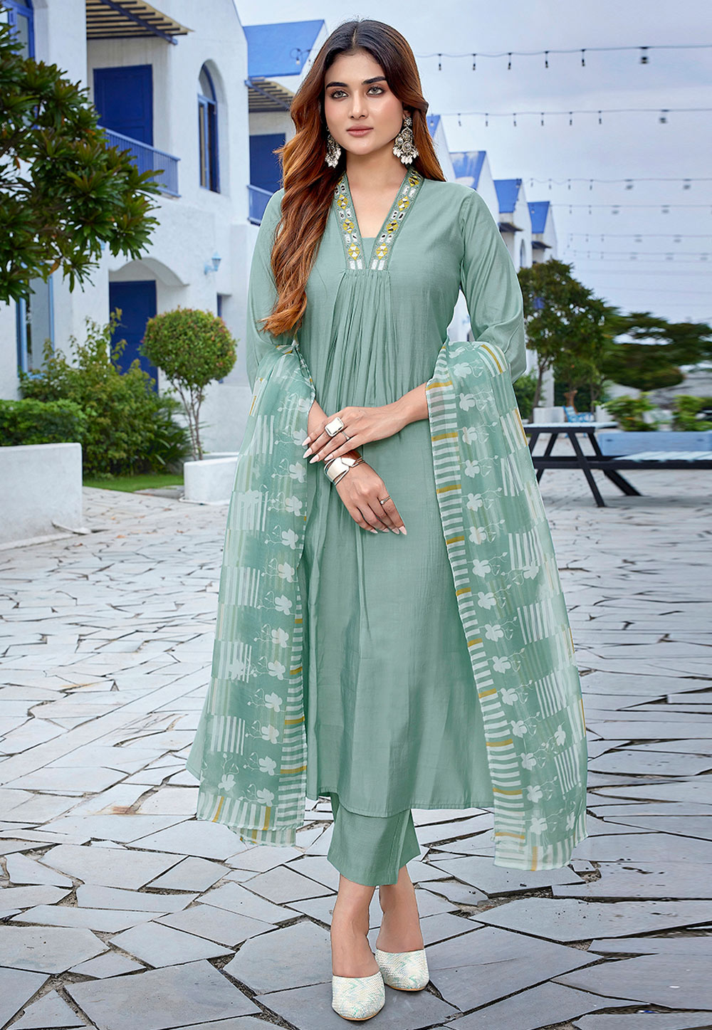 Sea Green Viscose Readymade Pakistani Suit 305867