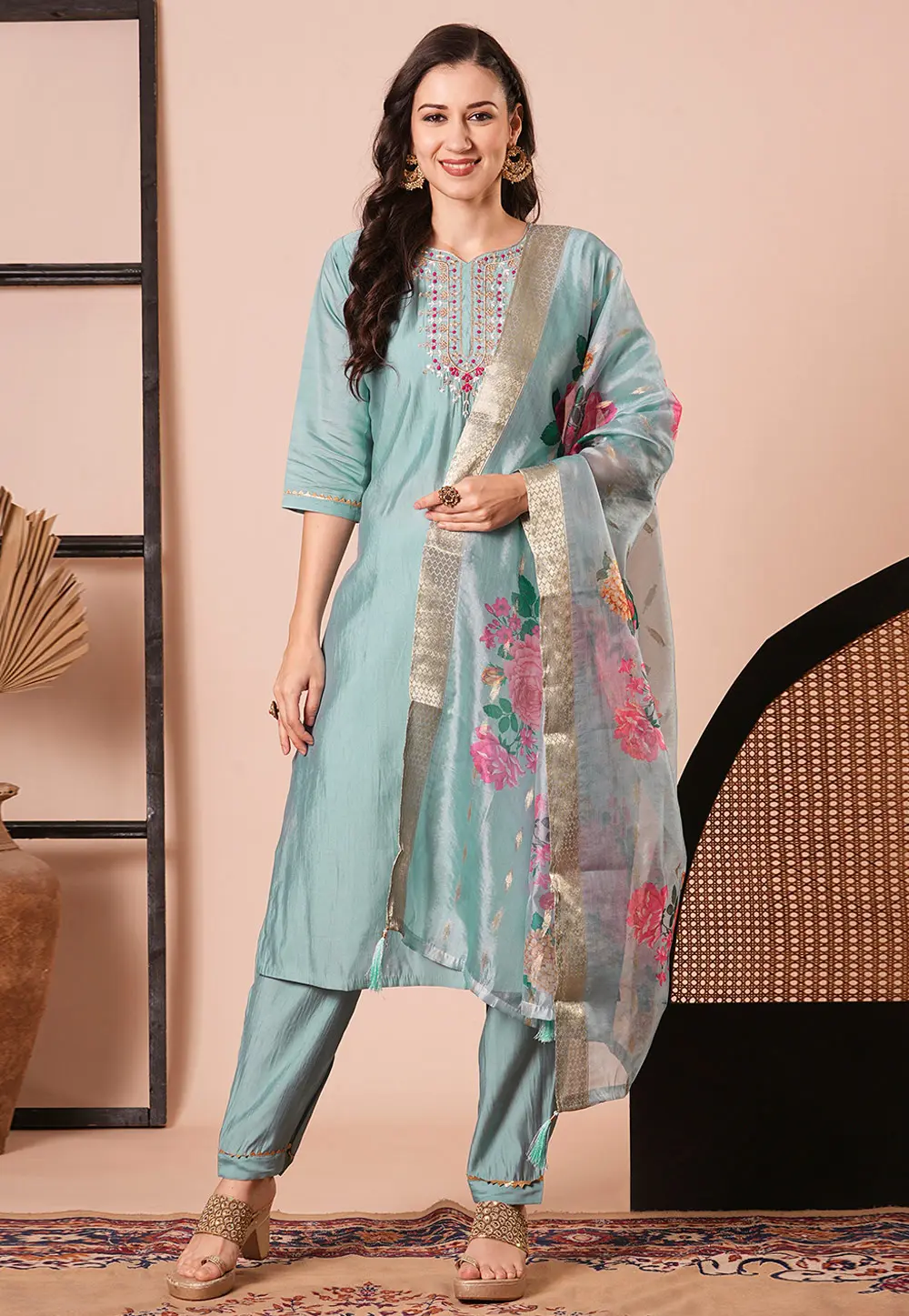 Sea Green Viscose Readymade Pant Style Suit 299693