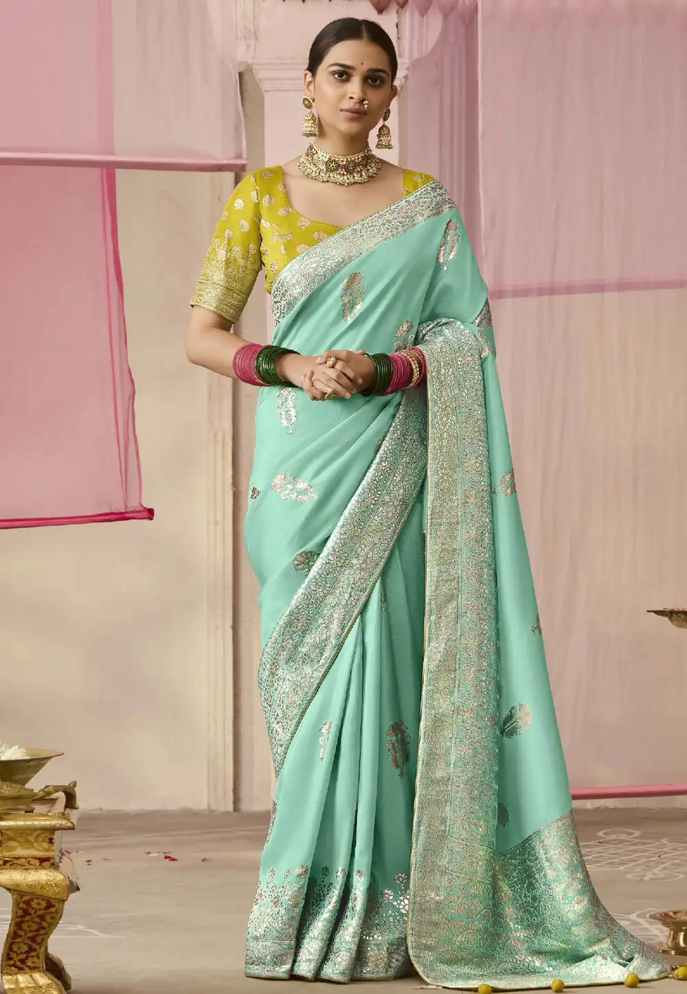 Sea Green Viscose Saree With Blouse 293272