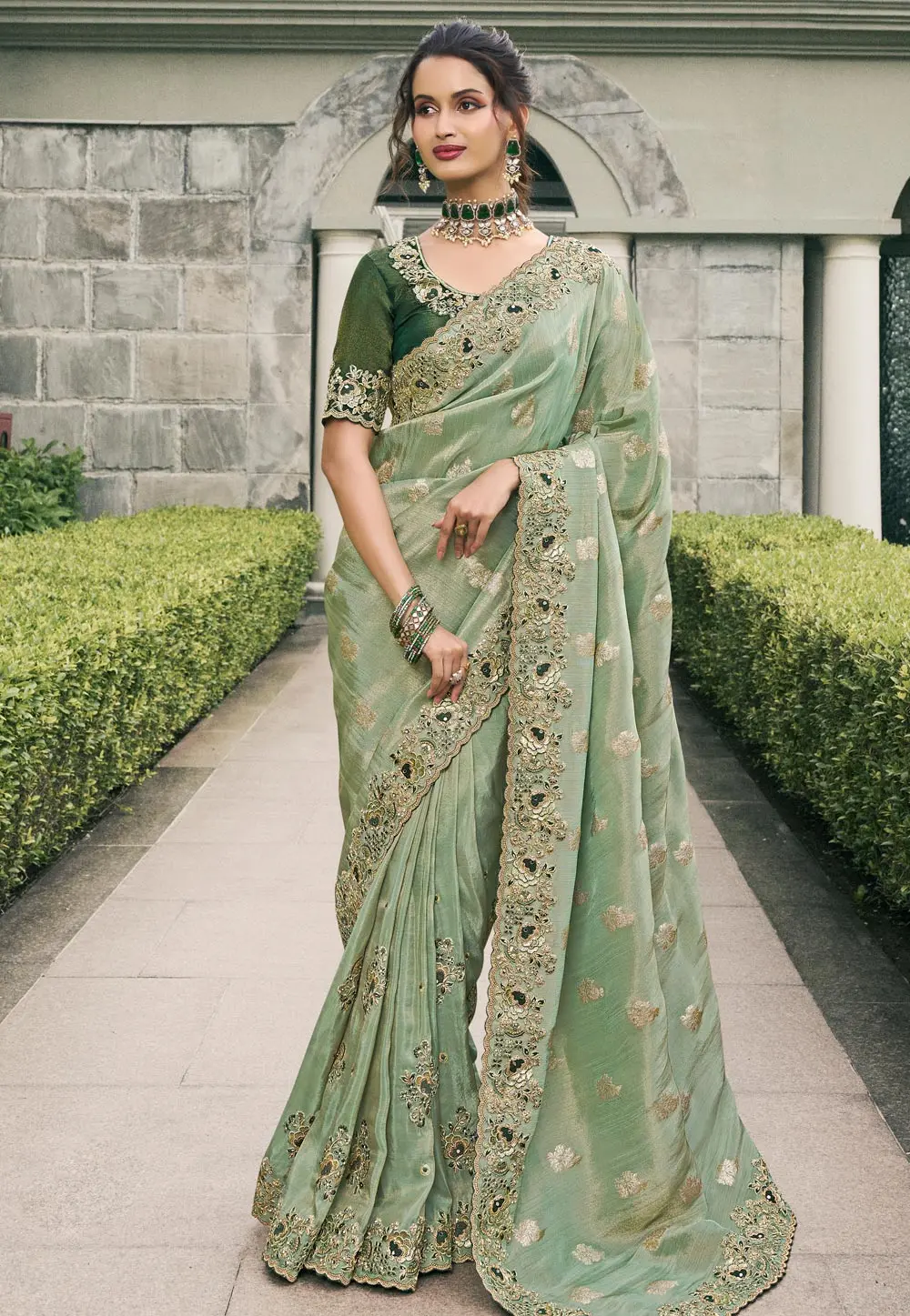 Sea Green Viscose Saree With Blouse 298196