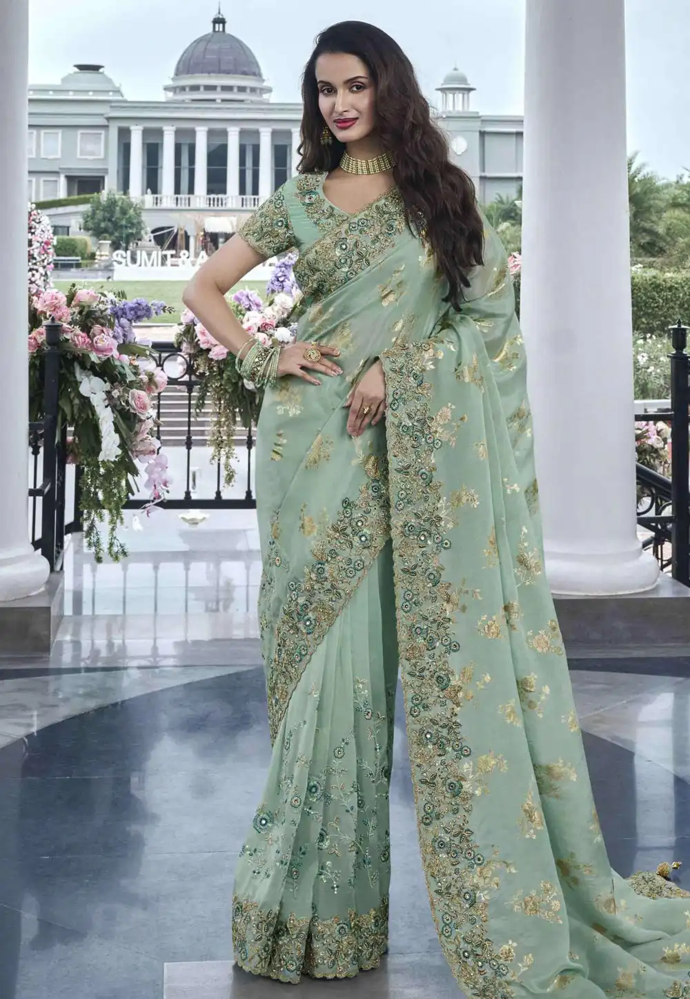 Sea Green Viscose Saree With Blouse 294824