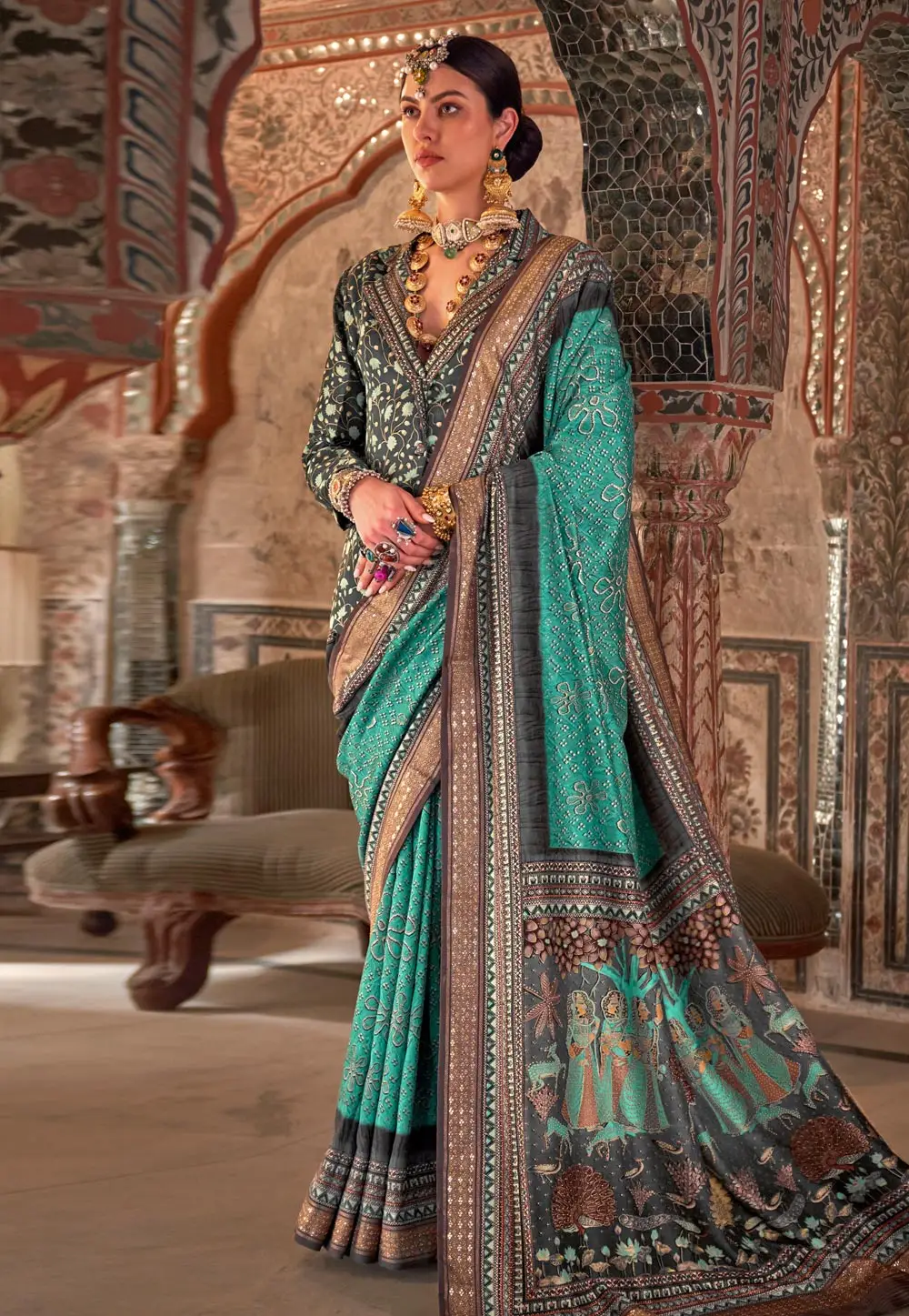 Sea Green Viscose Saree With Blouse 296315