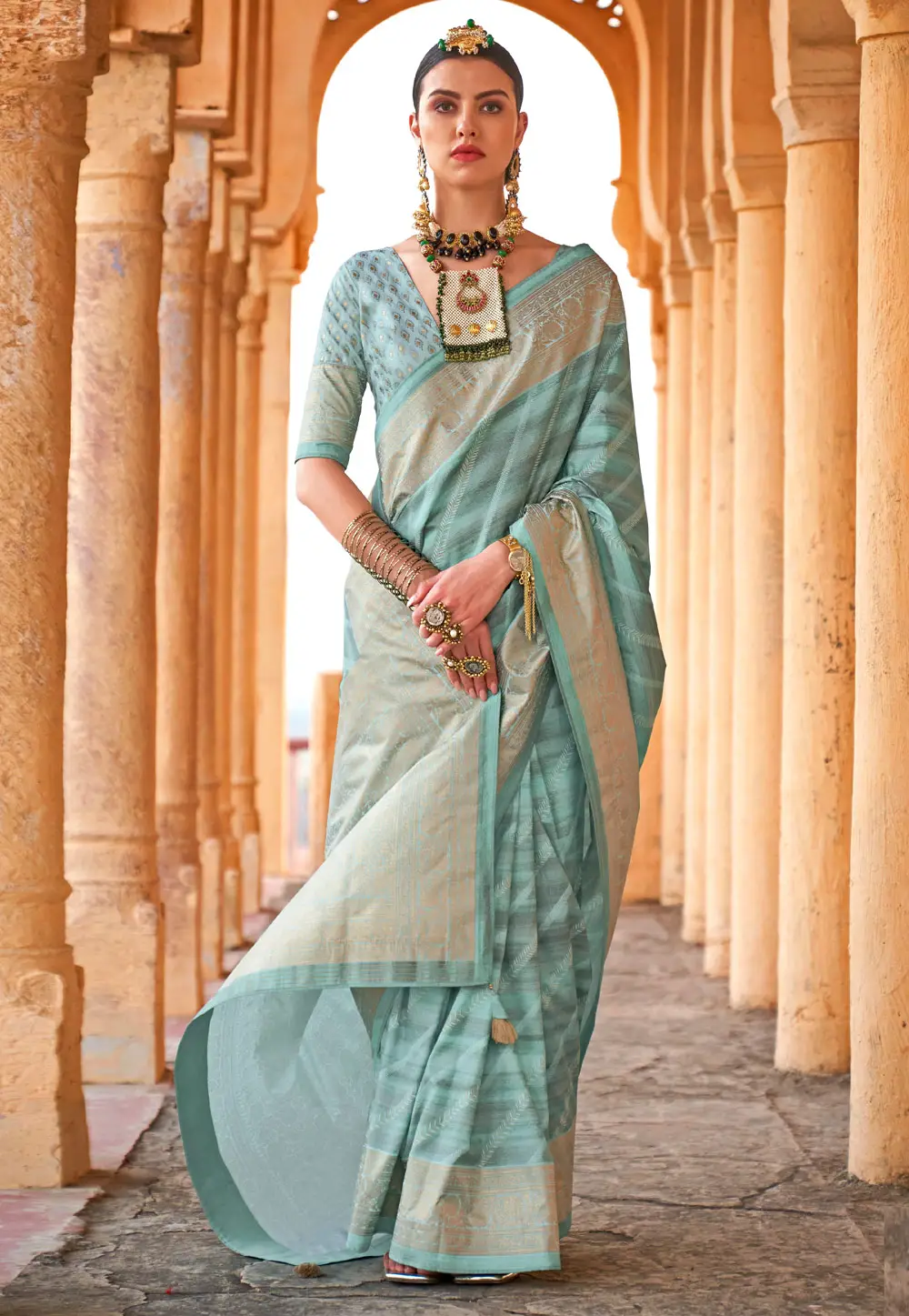 Sea Green Viscose Saree With Blouse 296305