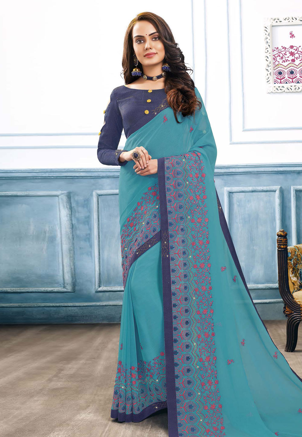 Blue Georgette Saree With Blouse 214753