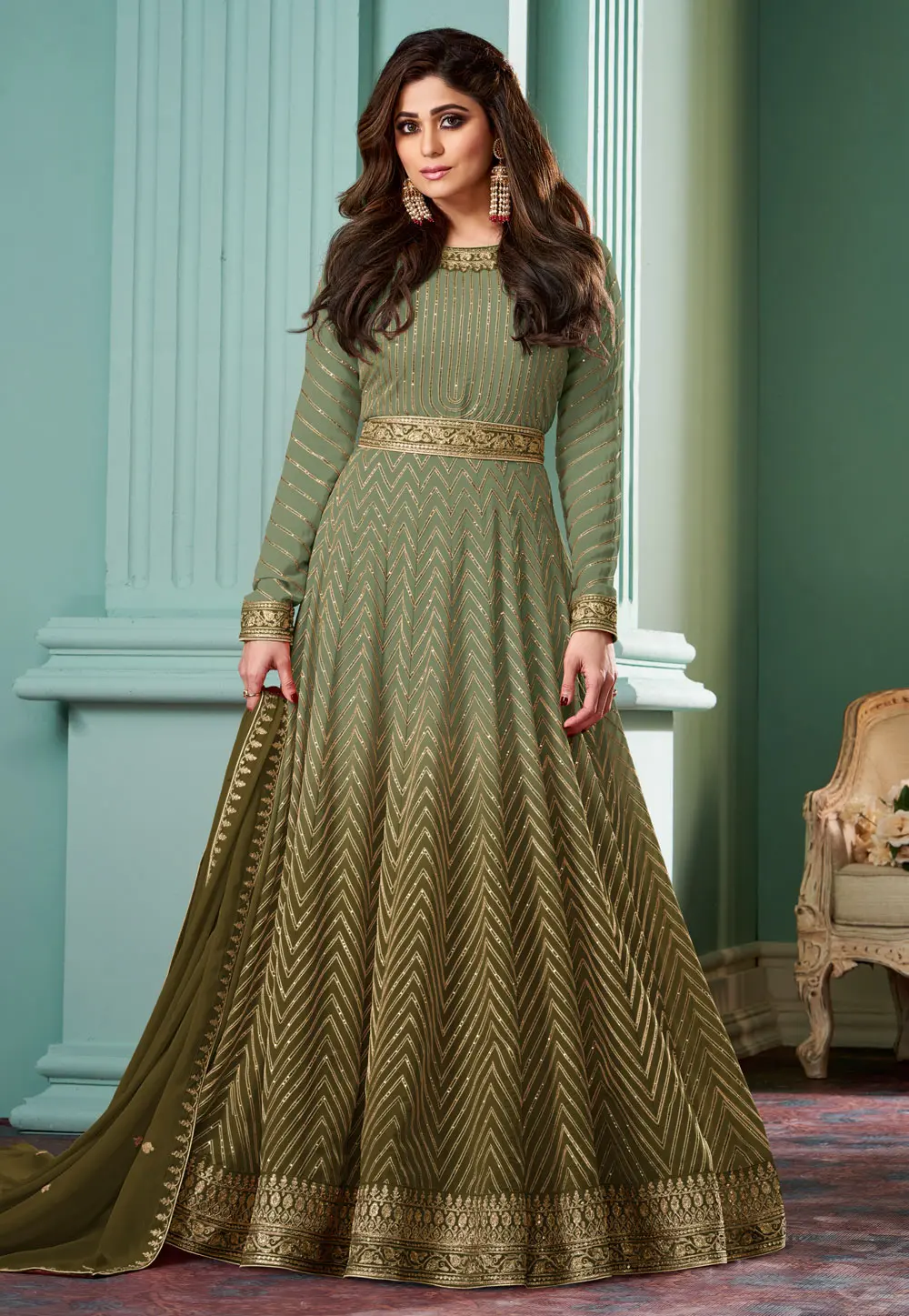 Shamita Shetty Camo Green Georgette Anarkali Suit 297795