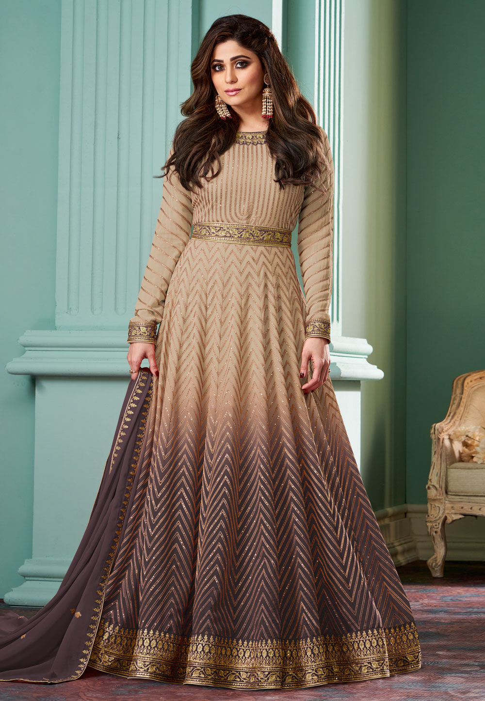Shamita Shetty Grey Georgette Anarkali Suit 310947
